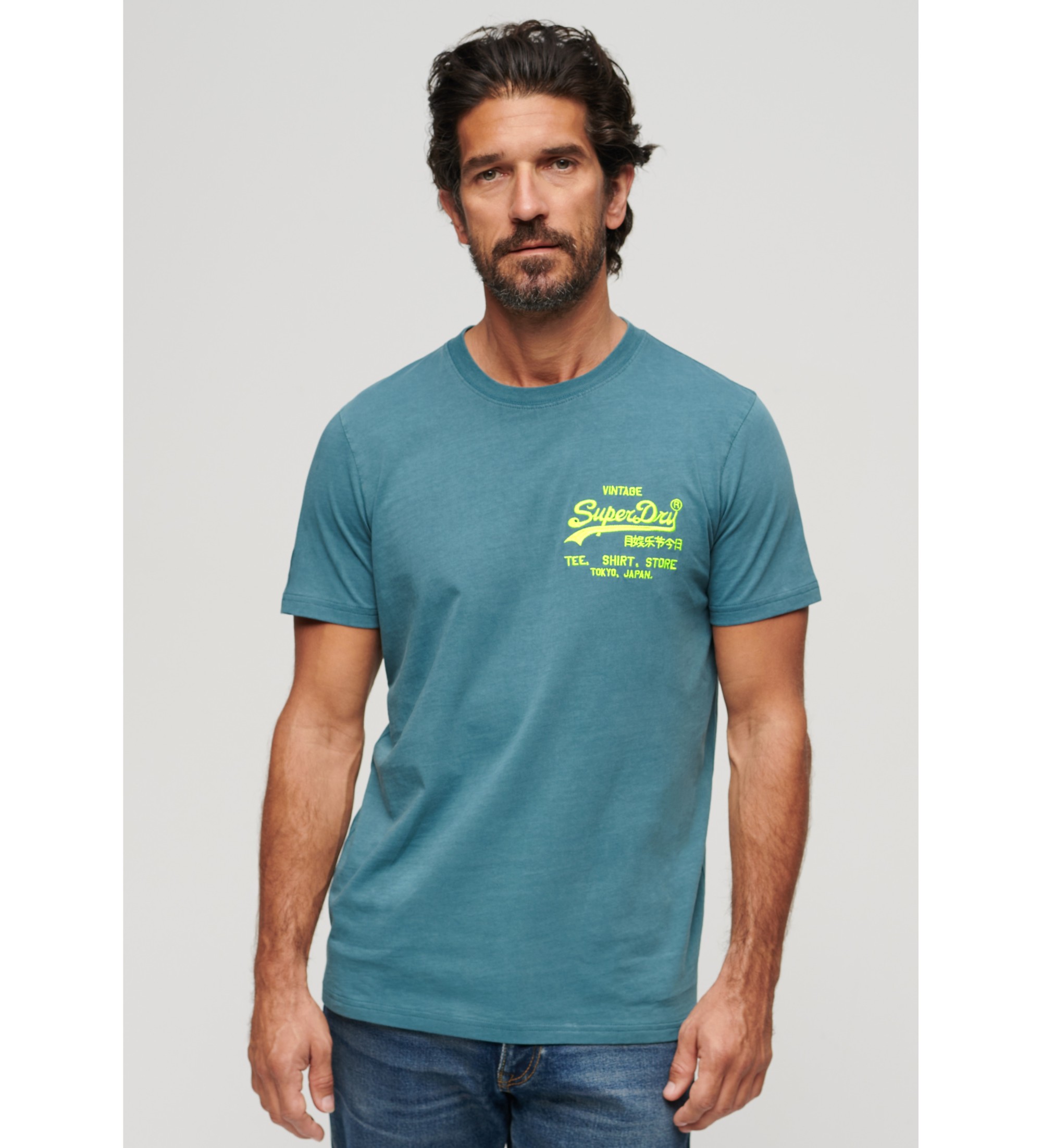 Superdry für Herren. M1011922A Fluor-T-Shirt mit blauem Vintage-Logo (S), Lässig, Baumwolle, Kurzarm
