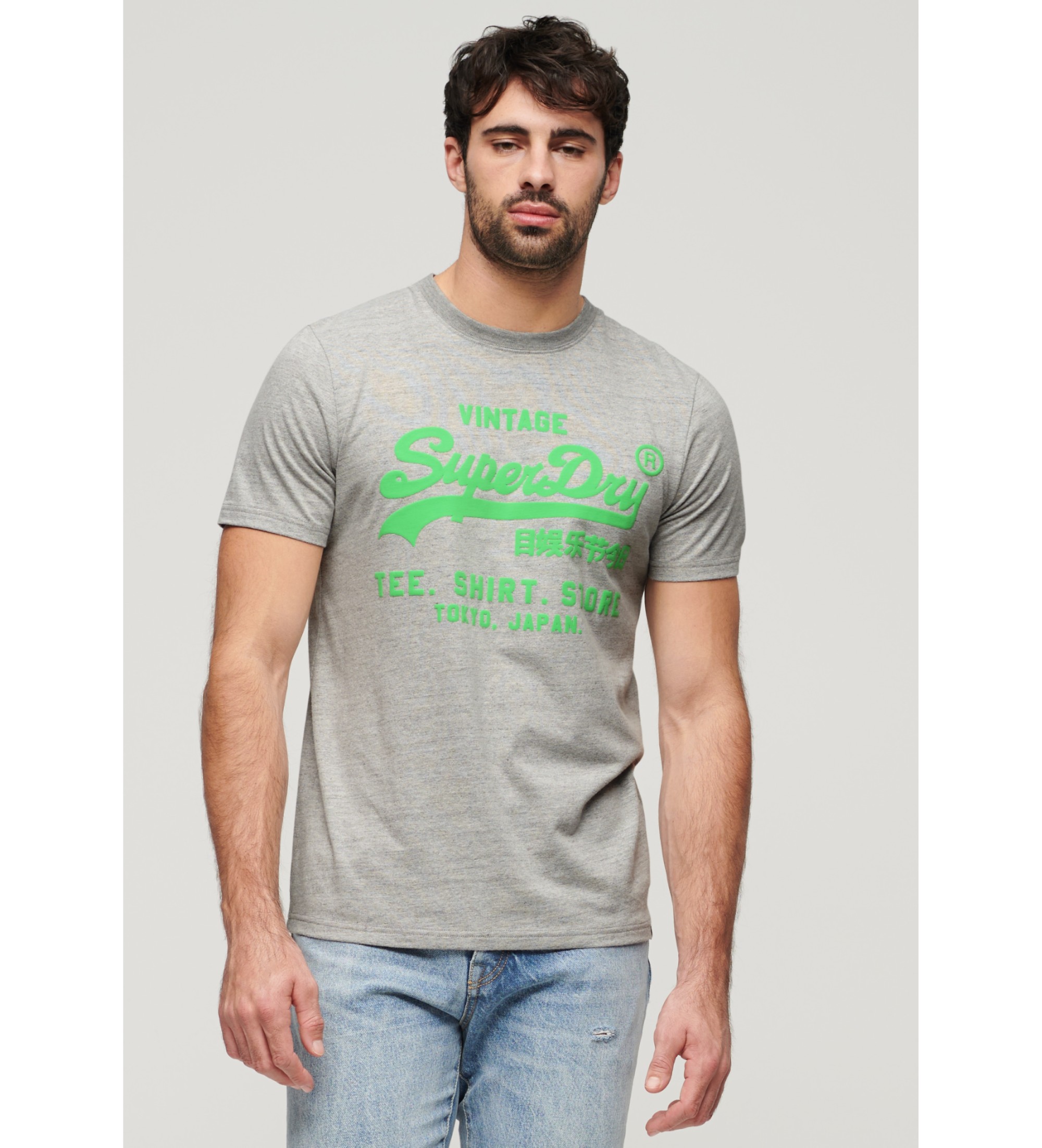 Superdry für Herren. M1011922A Fluor-T-Shirt mit grauem Vintage-Logo (M), Lässig, Baumwolle, Kurzarm