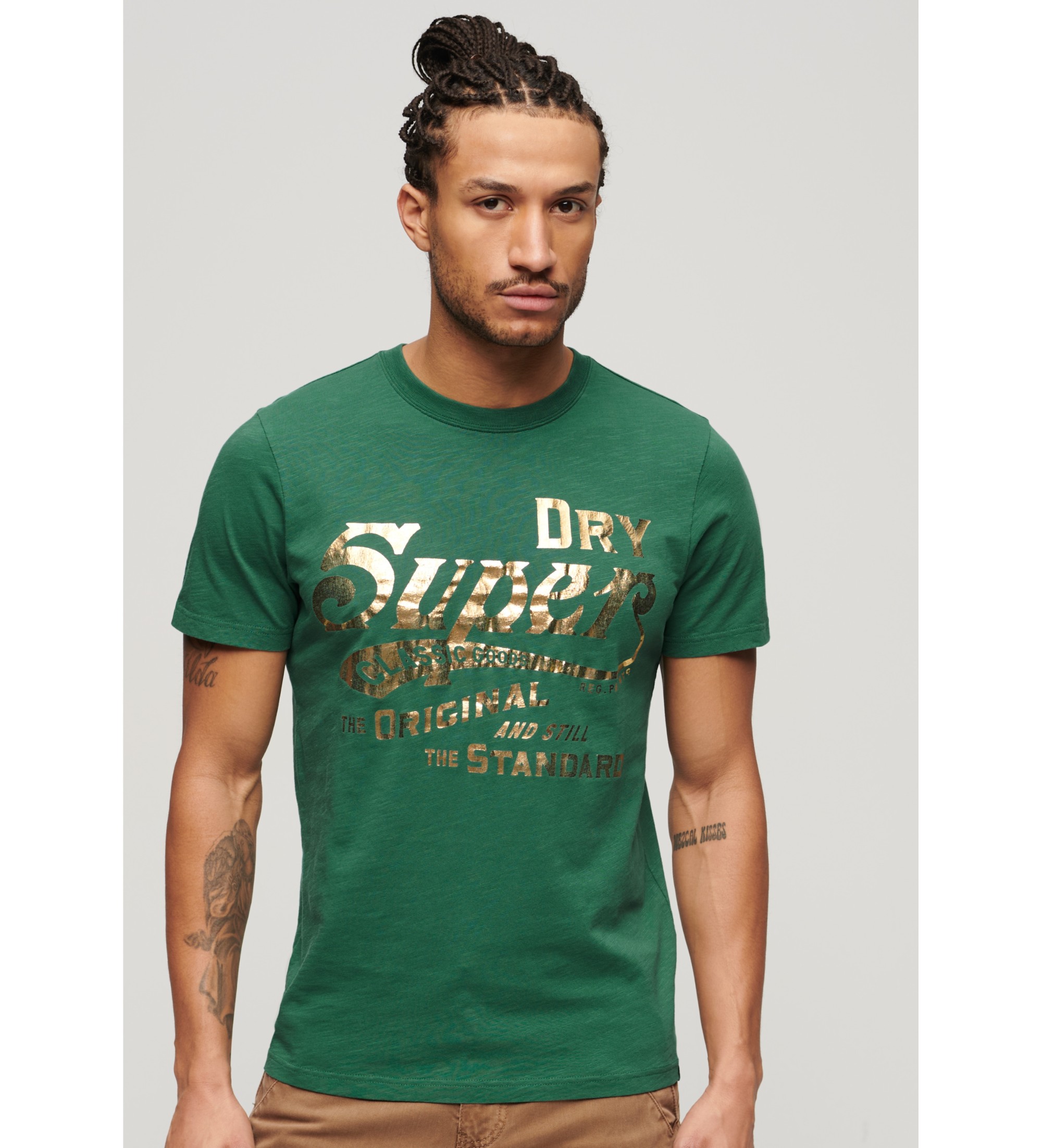 Superdry für Herren. M1011901A Workwear grünes T-Shirt mit Metallic-Grafik (S), Lässig, Baumwolle, Kurzarm