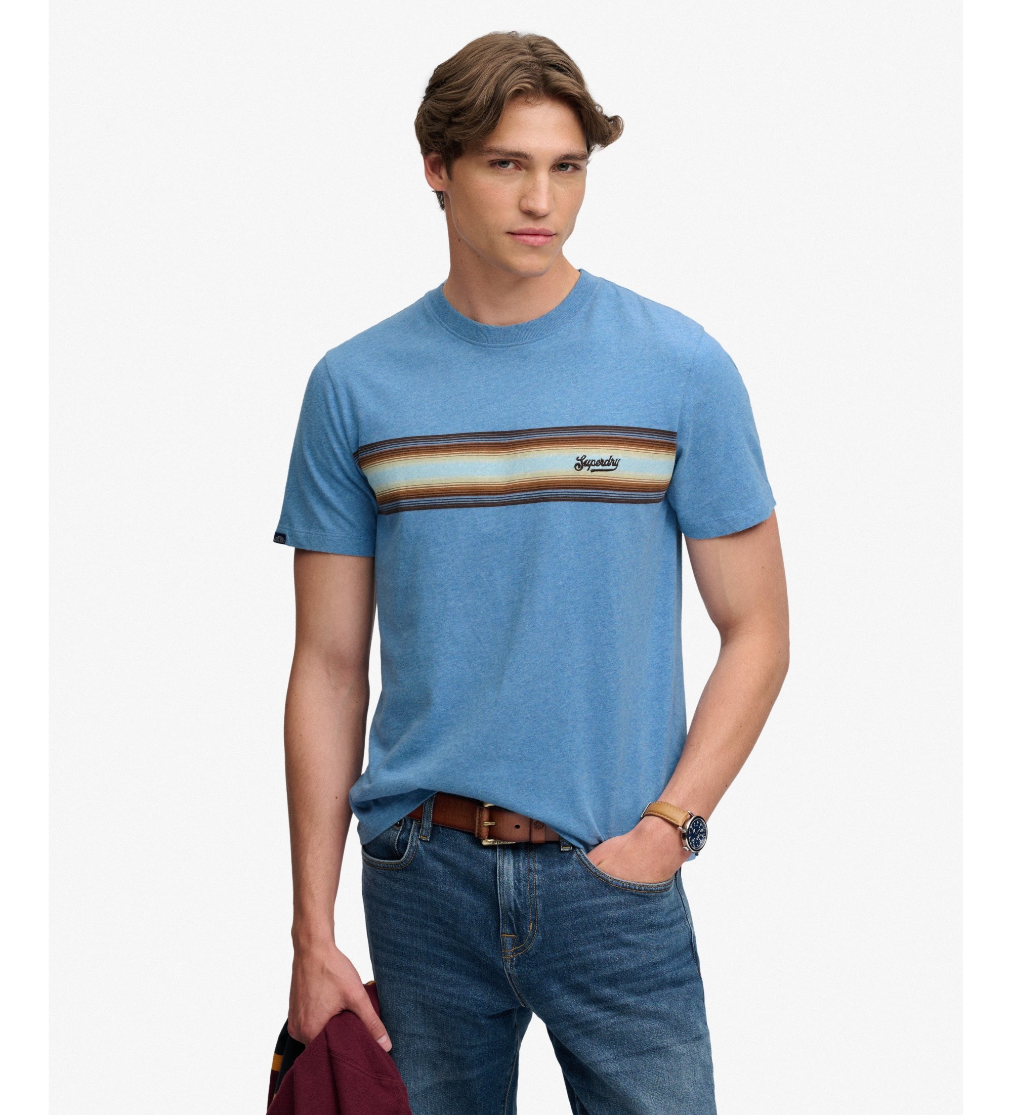 Superdry für Herren. M1012441A Blaues Outdoor-T-Shirt mit Streifenmuster und Logo (L), Lässig, Baumwolle, Kurzarm