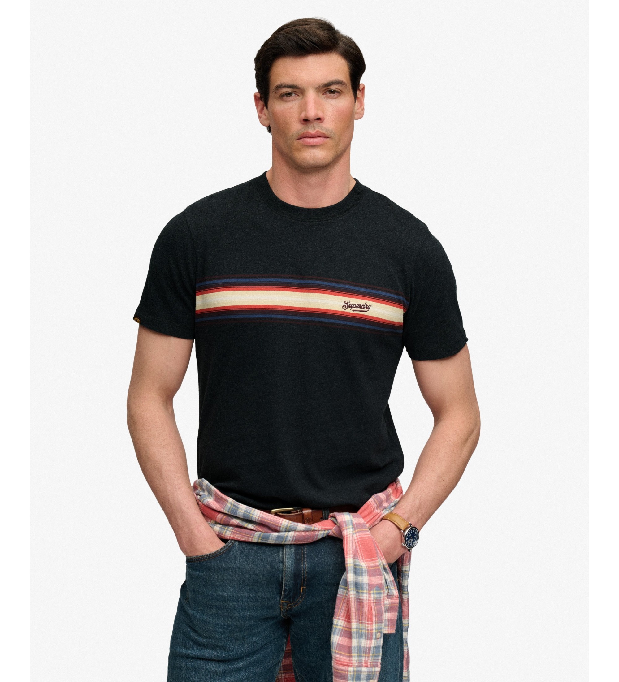 Superdry für Herren. M1012441A Schwarzes Outdoor-T-Shirt mit Streifenmuster und Logo (M), Lässig, Polyester, Kurzarm