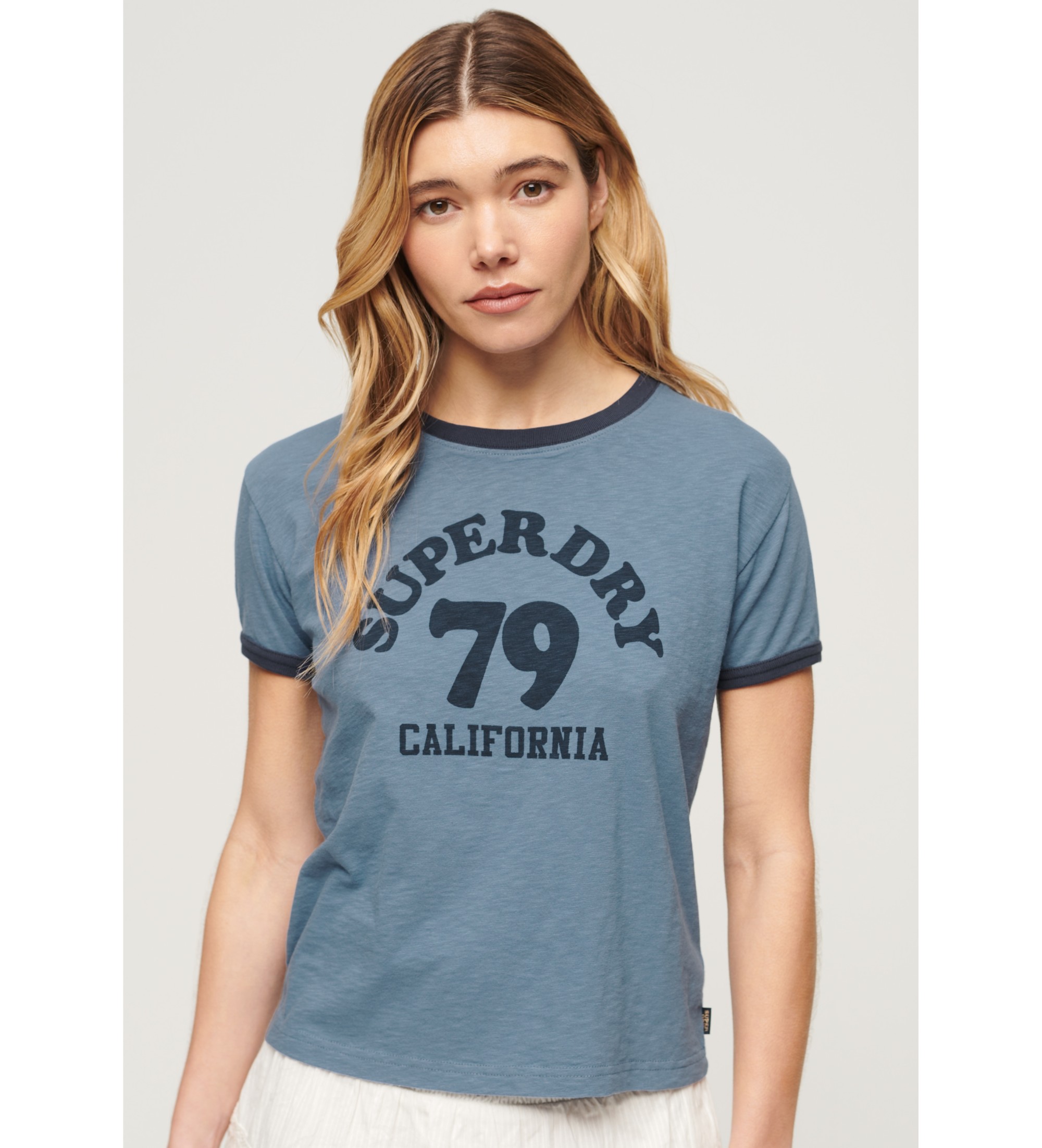 Superdry für Damen. W1011387A Ringer Athletic Essentials T-shirt blau (S), Lässig, Baumwolle, Kurzarm