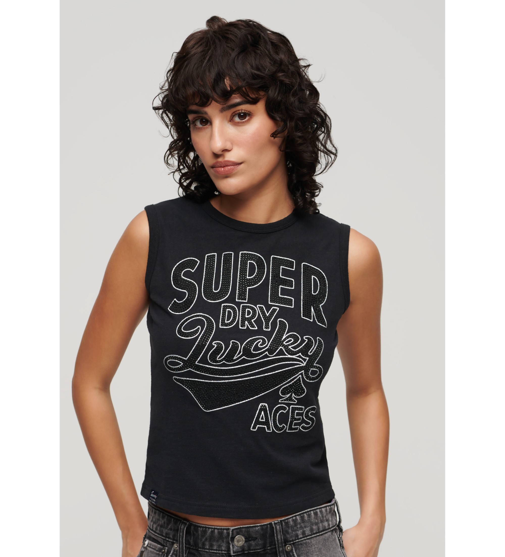 Superdry für Damen. W6011898A T-Shirt mit schwarzen Retro-Besätzen (XS), Lässig, Baumwolle, Ärmellos / Hosenträger