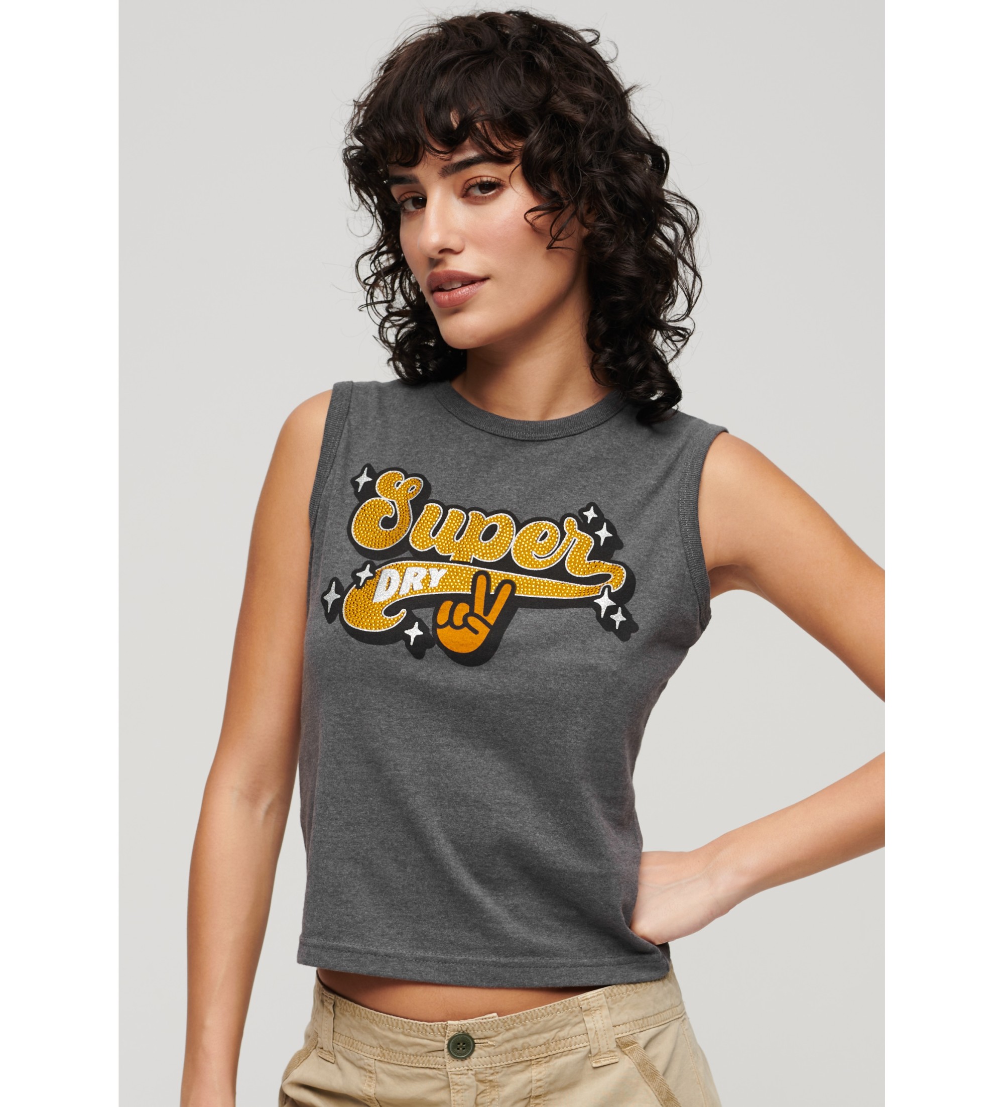 Superdry für Damen. W6011898A T-Shirt mit grauen Retro-Besätzen (M), Lässig, Baumwolle, Ärmellos / Hosenträger