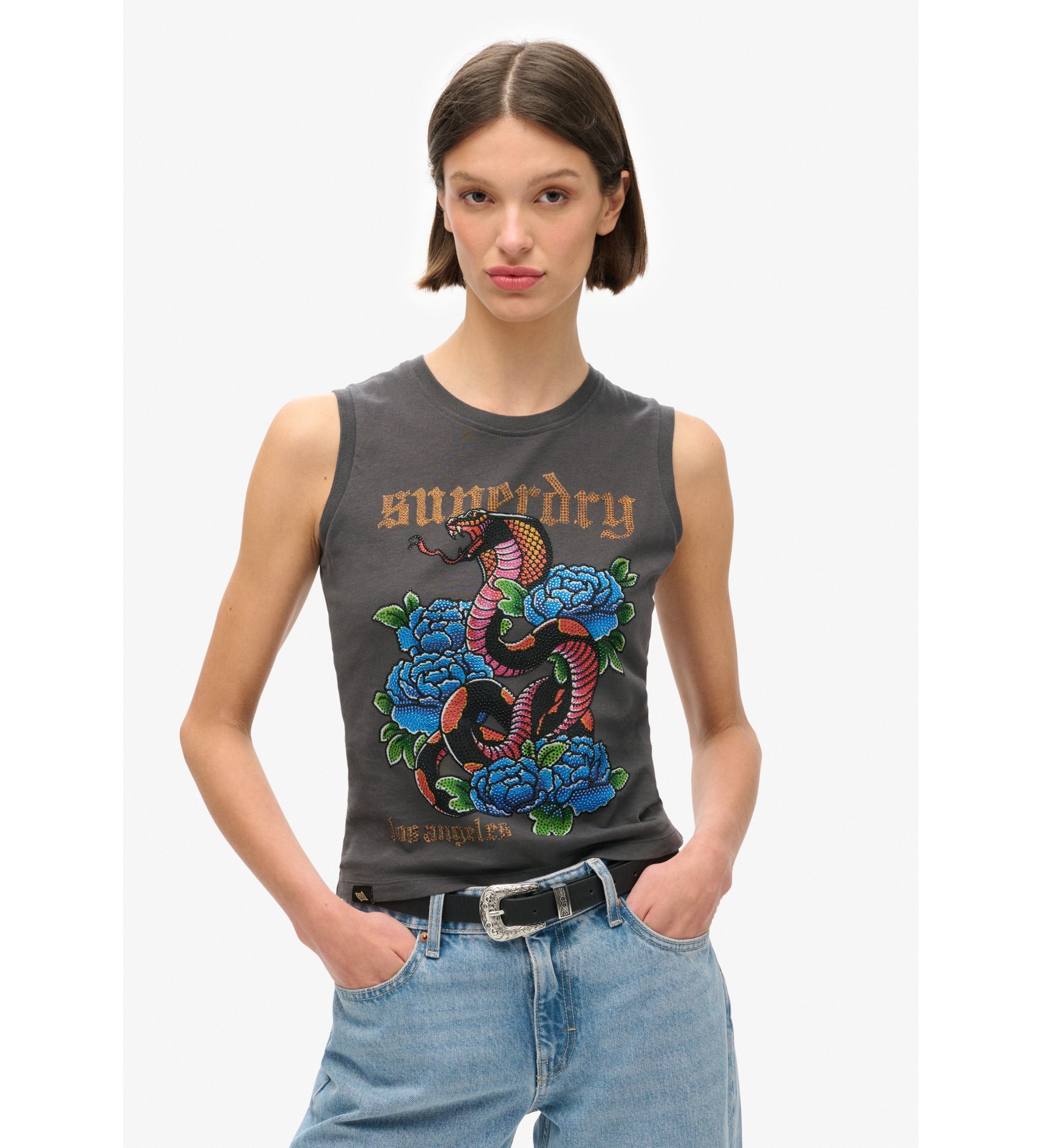Superdry für Damen. W6011781A Ärmelloses Tanktop mit Strasssteinen Tattoo grau (XL), Lässig, Baumwolle, Ärmellos / Hosenträger