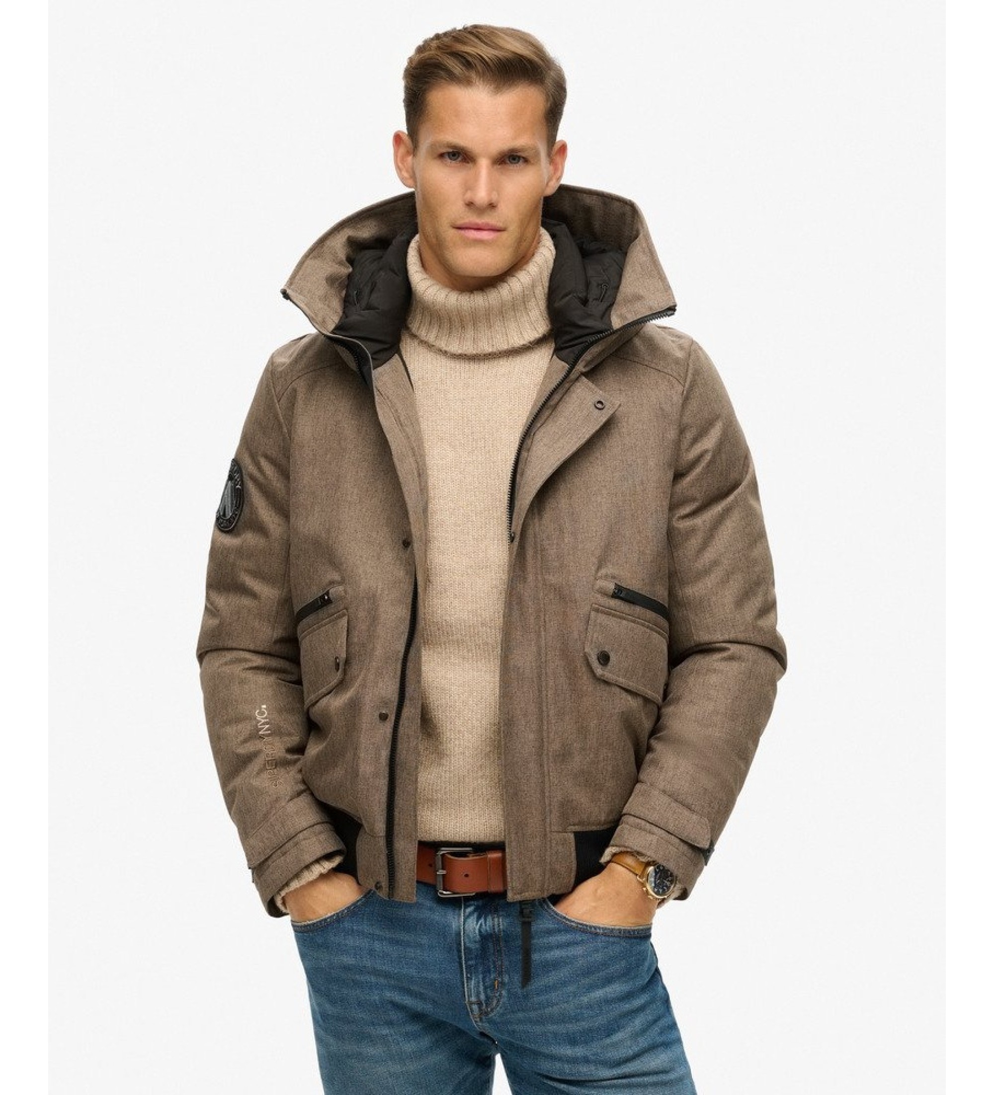 Superdry für Herren. M5012048A Beigefarbene, wattierte City-Tweed-Bomberjacke (S), Lässig, Recyceltes Polyester