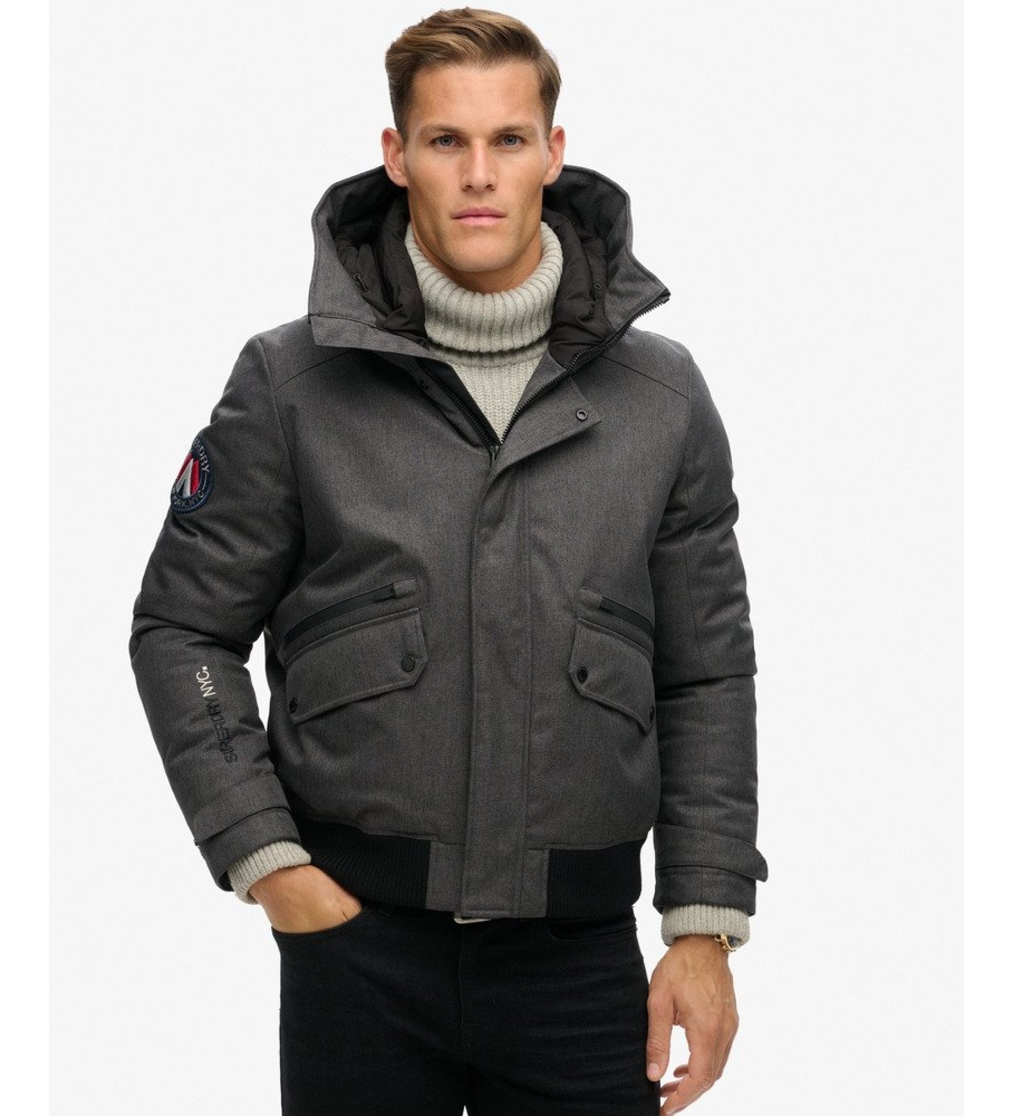 Superdry für Herren. M5012048A Graue, wattierte City-Tweed-Bomberjacke (S), Lässig, Stoff