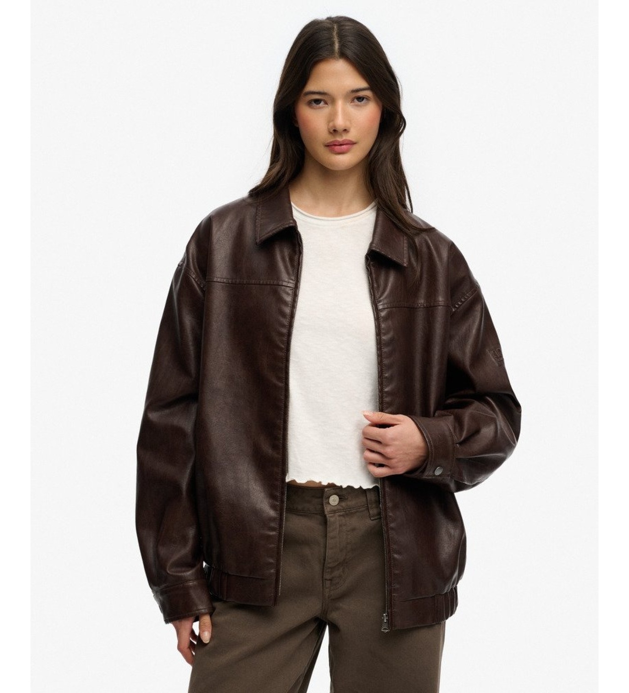 Superdry für Damen. W5012158A Braune Oversize-Lederjacke mit Kragen (XS), Lässig, Polyester