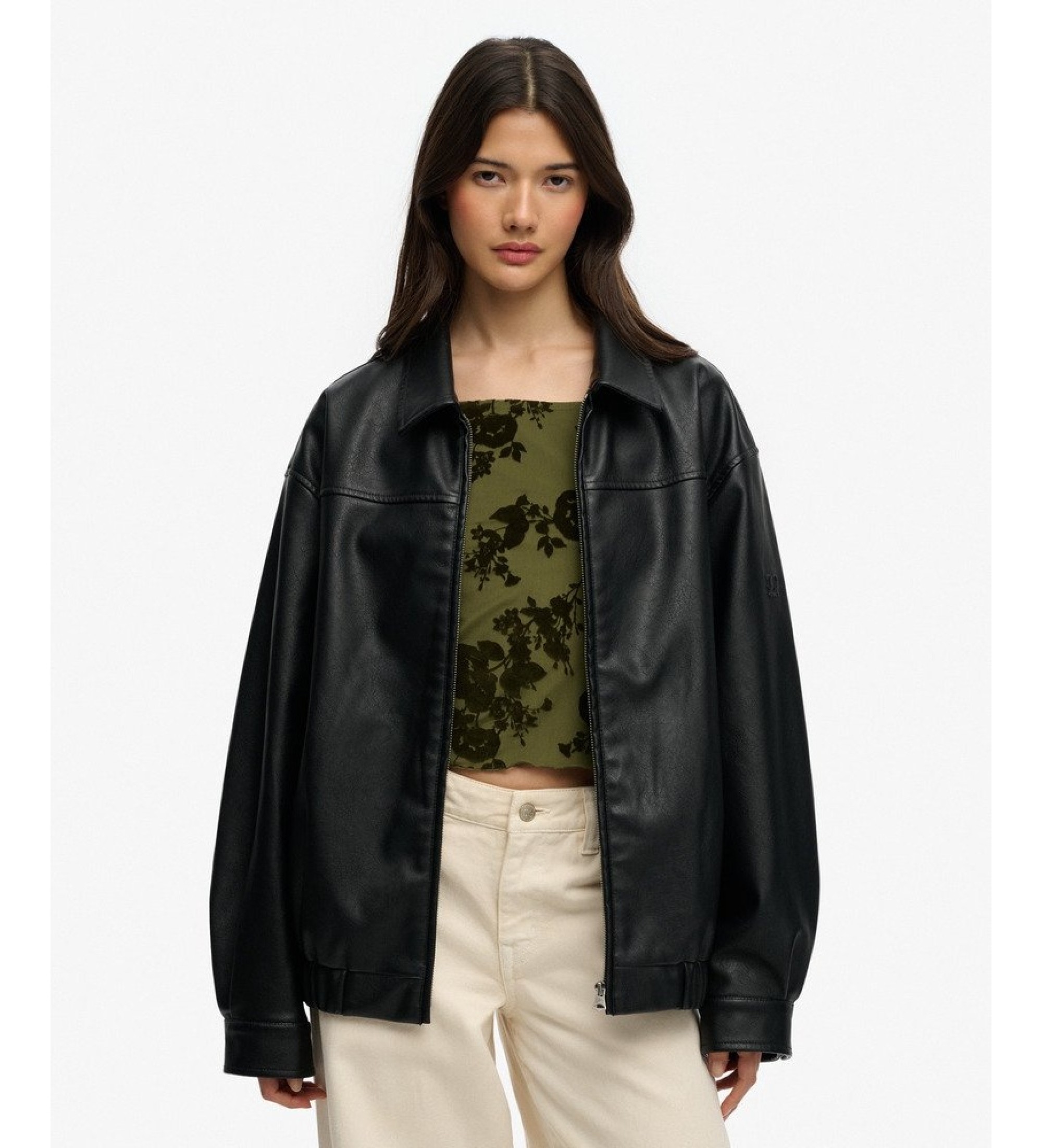 Superdry für Damen. W5012158A Übergroße Jacke aus Kunstleder mit Kragen schwarz (L), Lässig, Polyester