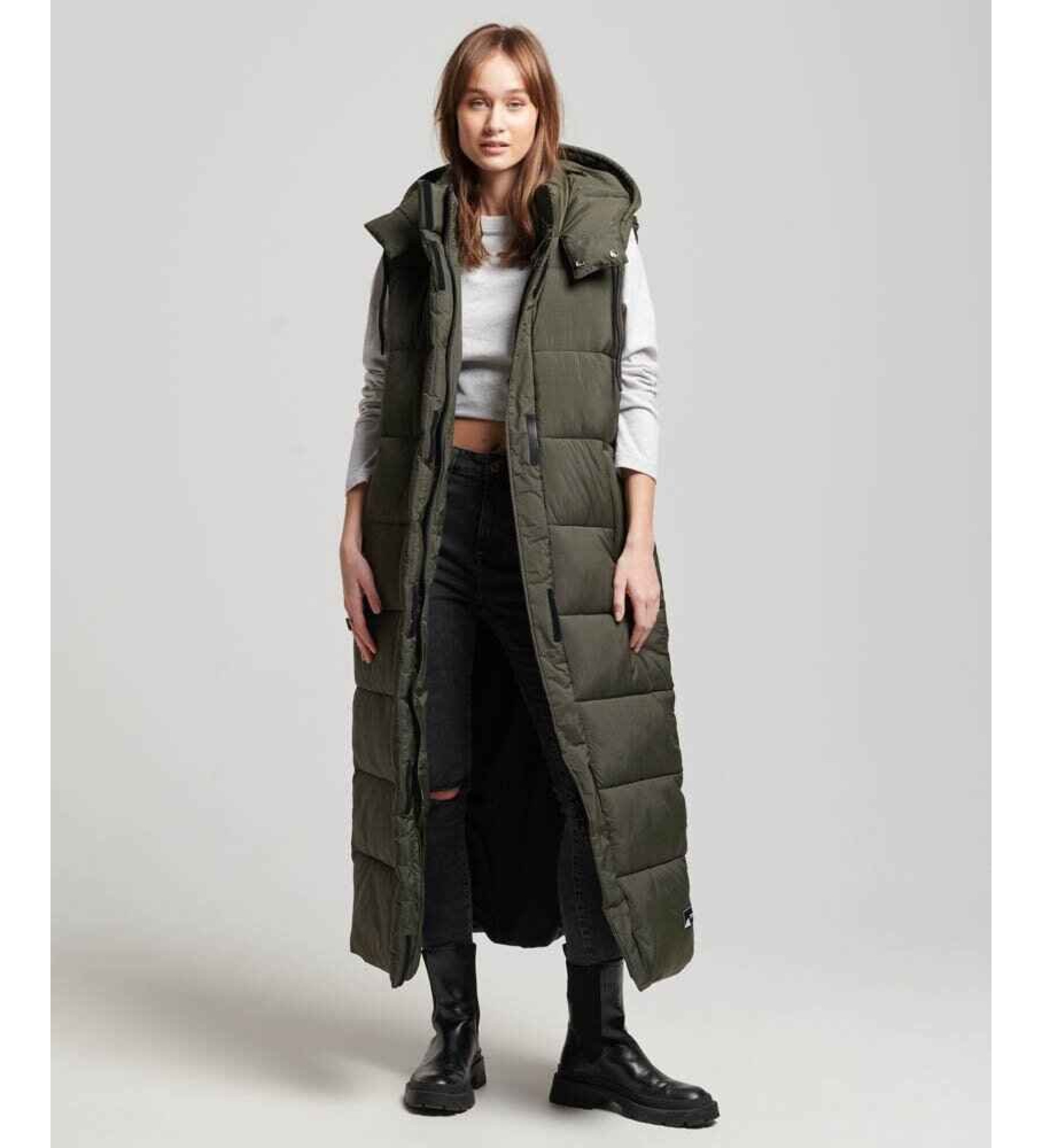 Superdry für Damen. W5011644A Ripstop-Kapuzenweste lang grün (S), Lässig, Recyceltes Polyester, Nachhaltig