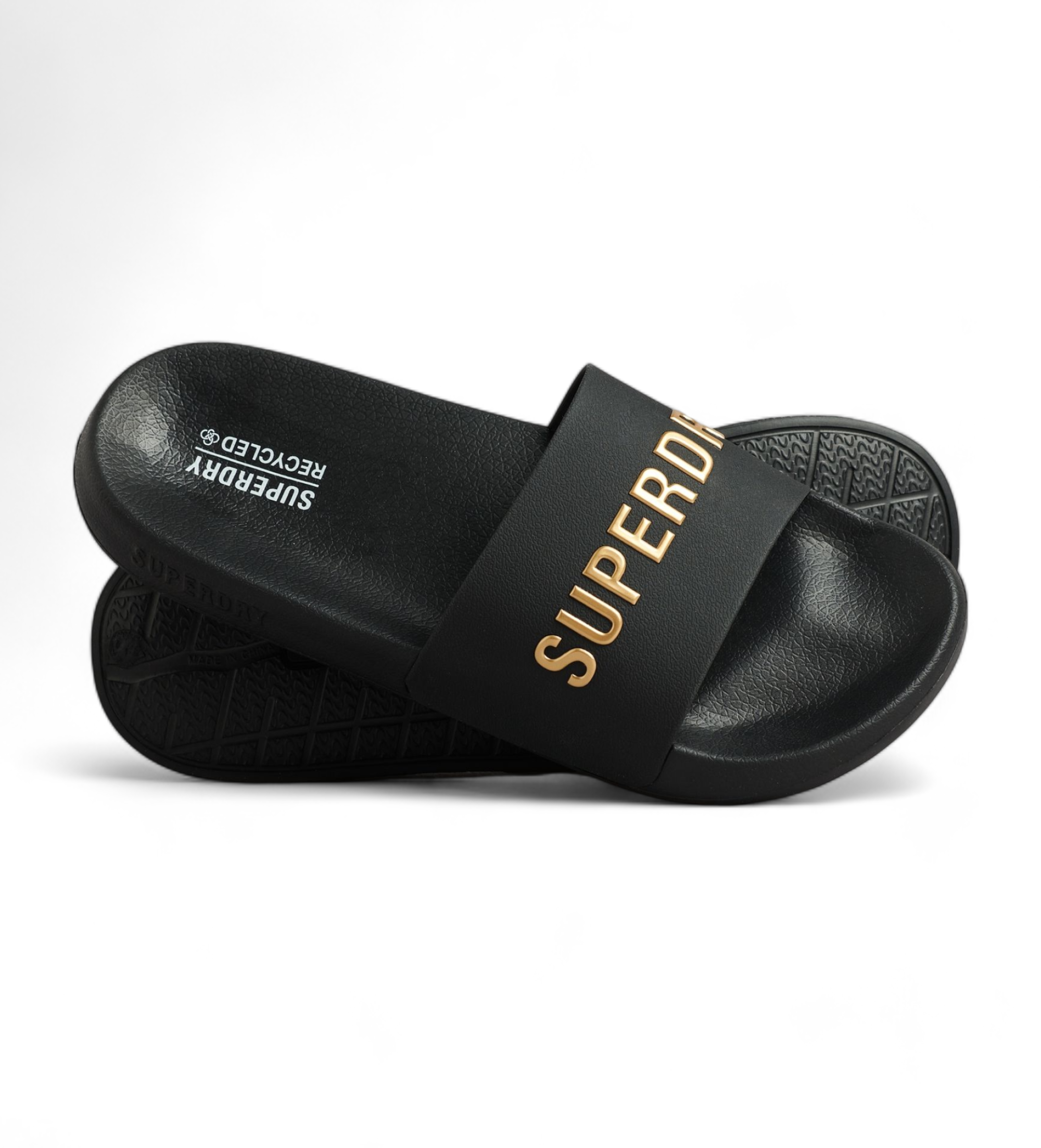 Superdry für Herren. MF310223A Flip Flops mit Code-Logo schwarz (42/43), Gold, Wohnung, Lässig, Strandbekleidung