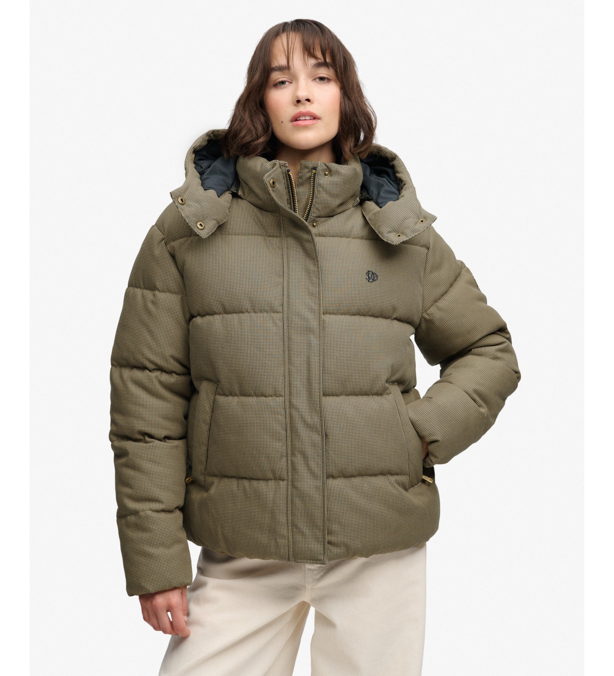 Superdry für Damen. W5012206A Braune Premium-Steppjacke mit Karomuster und Kapuze (XS), Lässig, Polyester