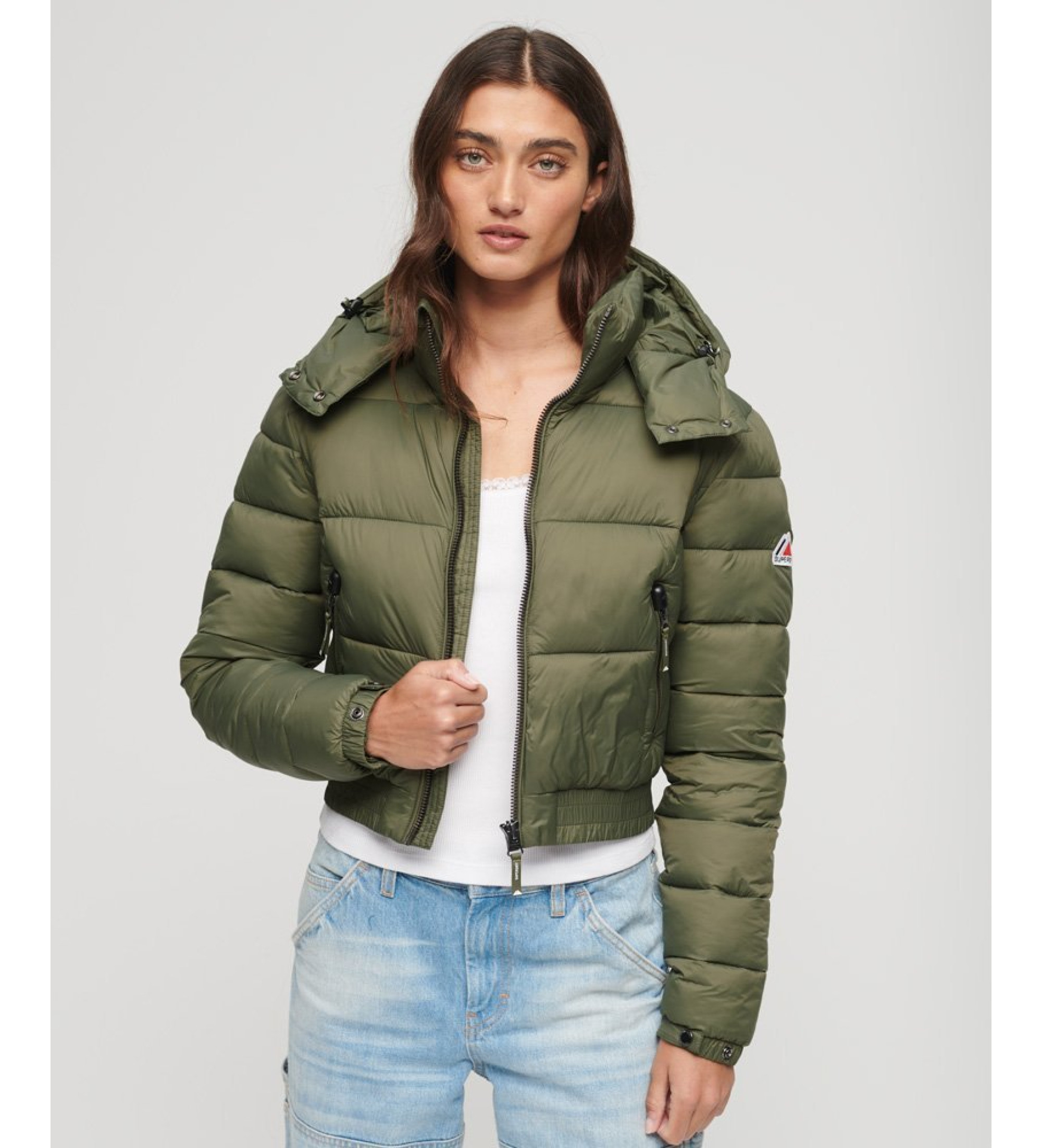Superdry für Damen. W5011682A Kurze Kapuzenjacke Fuji grün (L), Lässig, Nylon