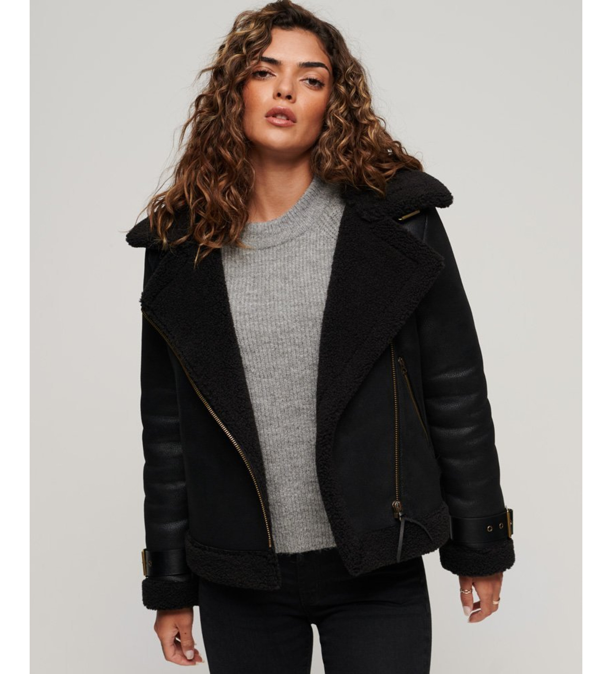 Superdry für Damen. W5011689A Synthetisches Lammfell Aviator Jacket schwarz (S), Lässig, Polyester