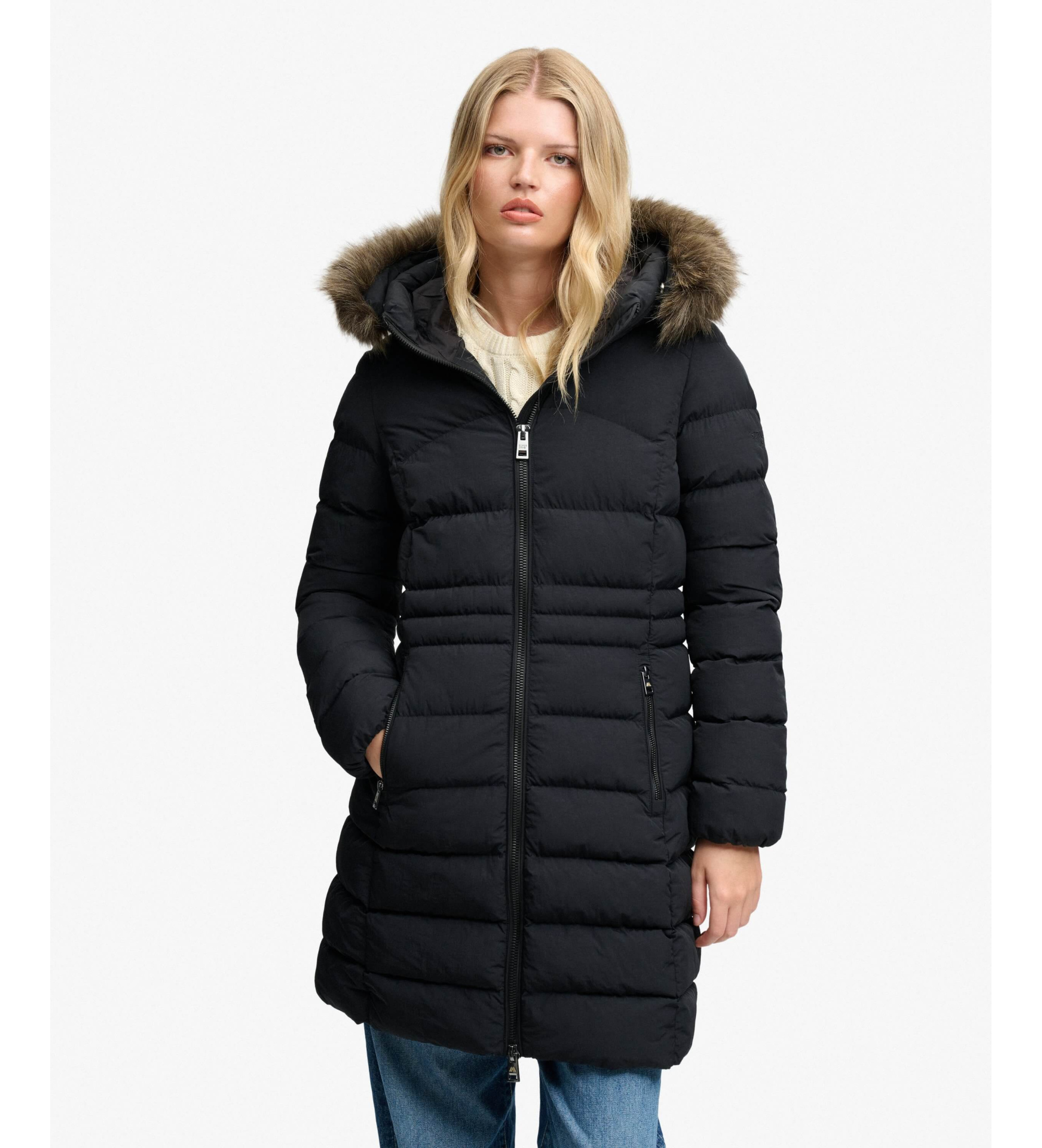 Superdry für Damen. W5012185A Fuji Steppjacke mit Kunstfell und Kapuze schwarz (M), Lässig, Polyester