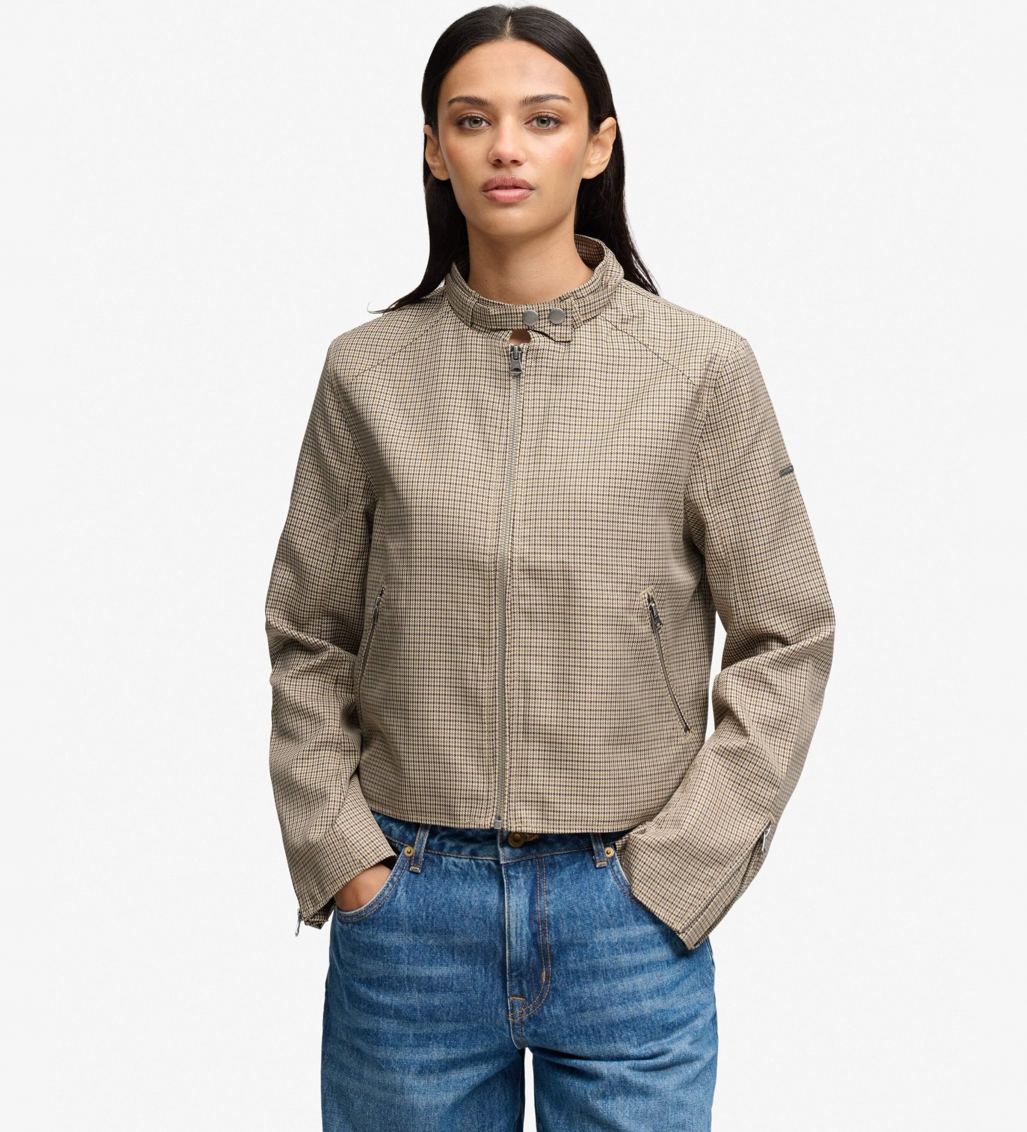 Superdryvoor vrouwen. W5012220A Motorjack van Pied-de-poule ruit bruin (S), Casual, Polyester