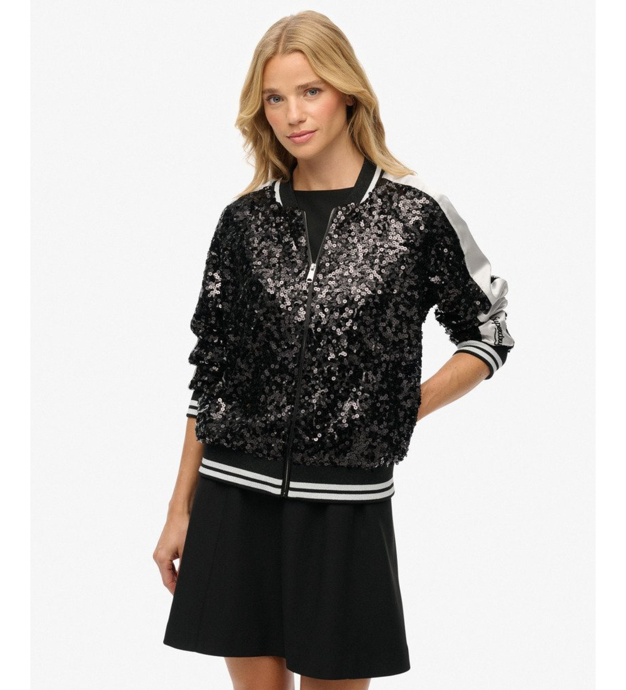 Superdry für Damen. W5011968A Suikajan Pailletten Jacke schwarz (XL), Lässig, Polyester