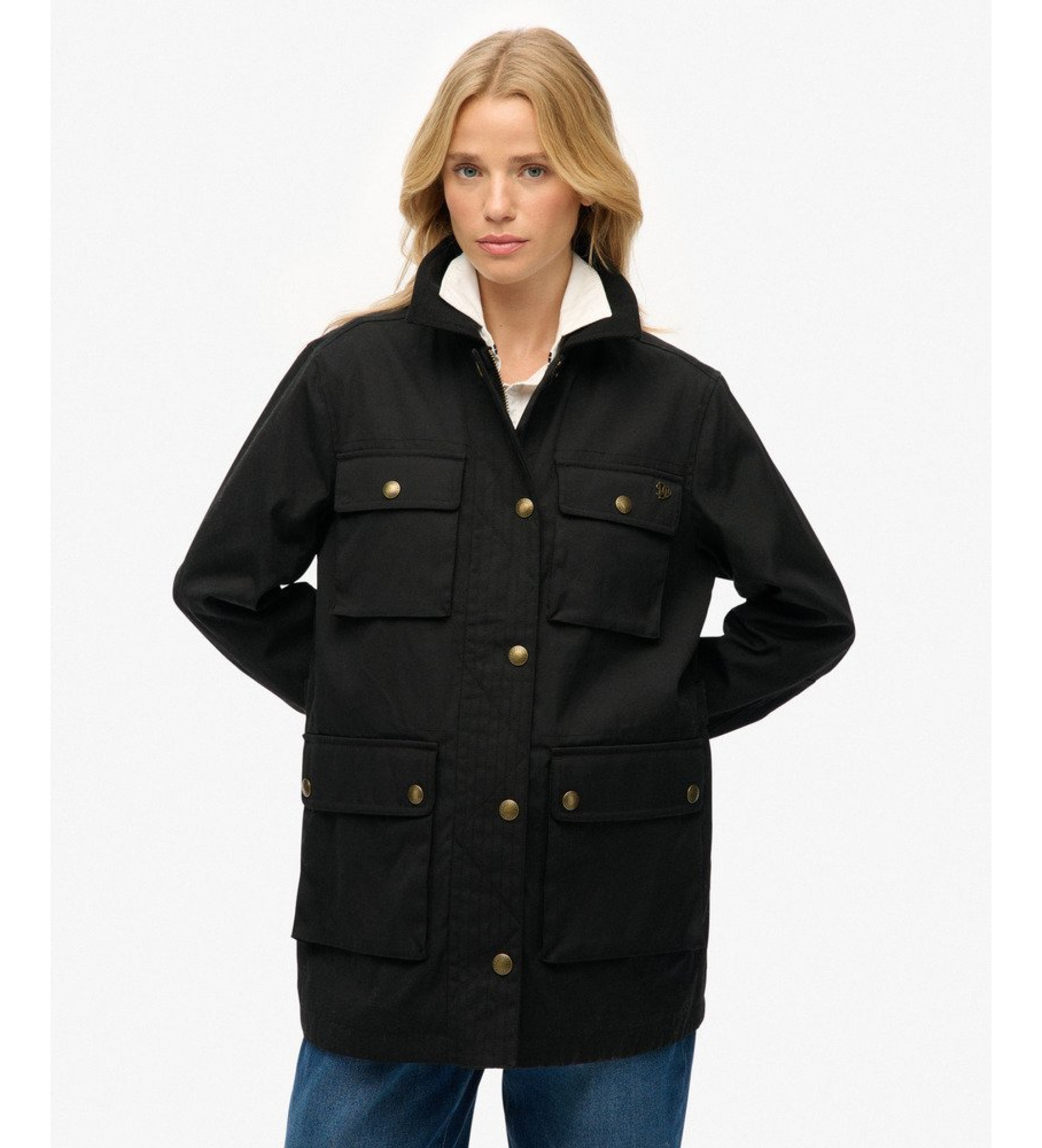 Superdryvoor vrouwen. W5011958A Zwarte gewaxte jas (S), Casual, Katoen