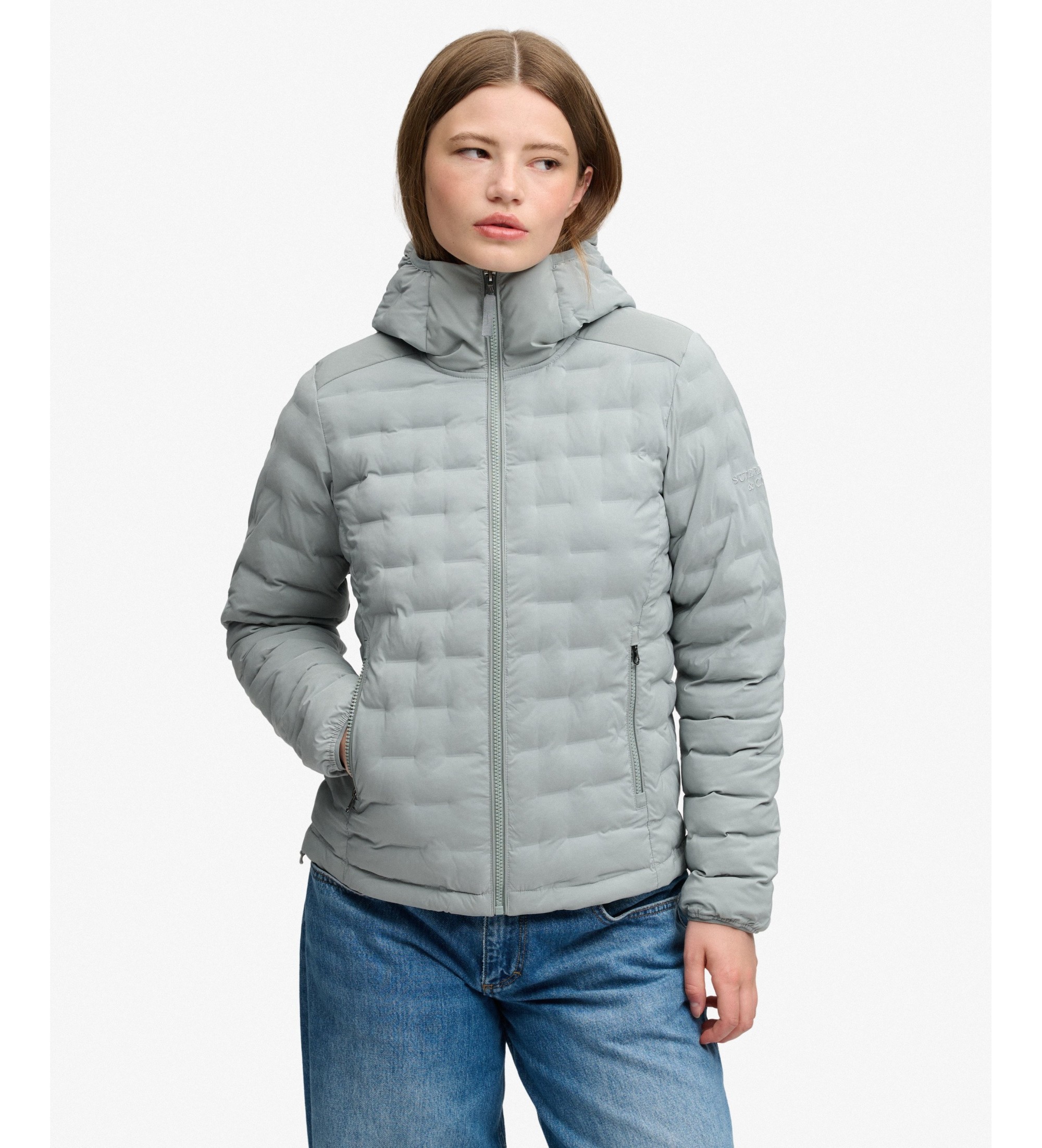 Superdry für Damen. W5012201A Wattierte Heat Weld Padded Jacke in Blaugrau (L), Lässig, Recyceltes Polyester