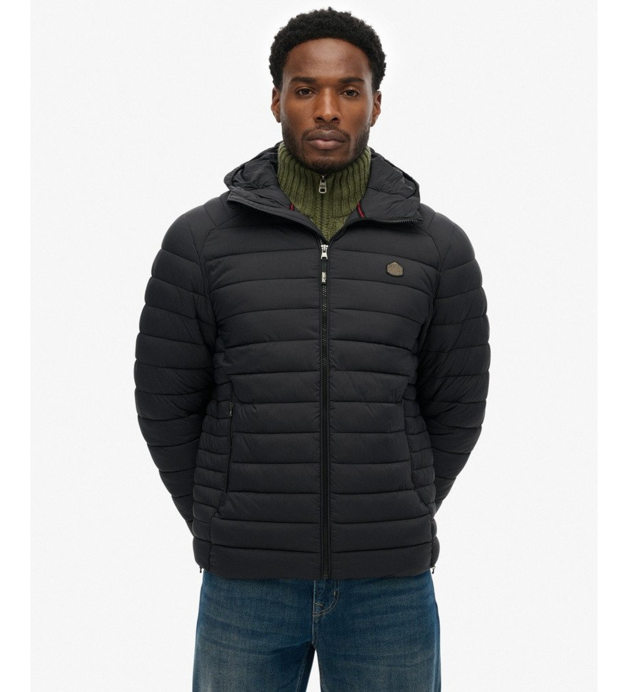 Superdry für Herren. M5012339A Schwarze Fuji Lite-Steppjacke mit Kapuze (XL), Lässig, Recyceltes Nylon