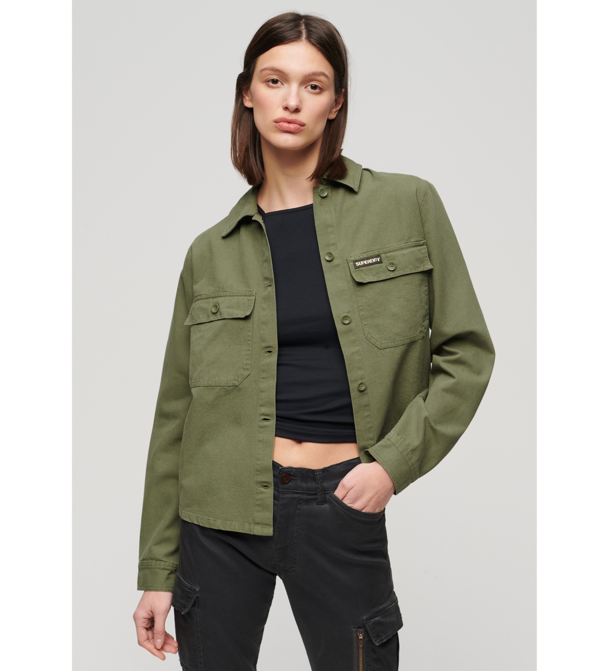 Superdry für Damen. W4010427A Grüne verschönerte Militärjacke (S), Lässig, Baumwolle, Langarm