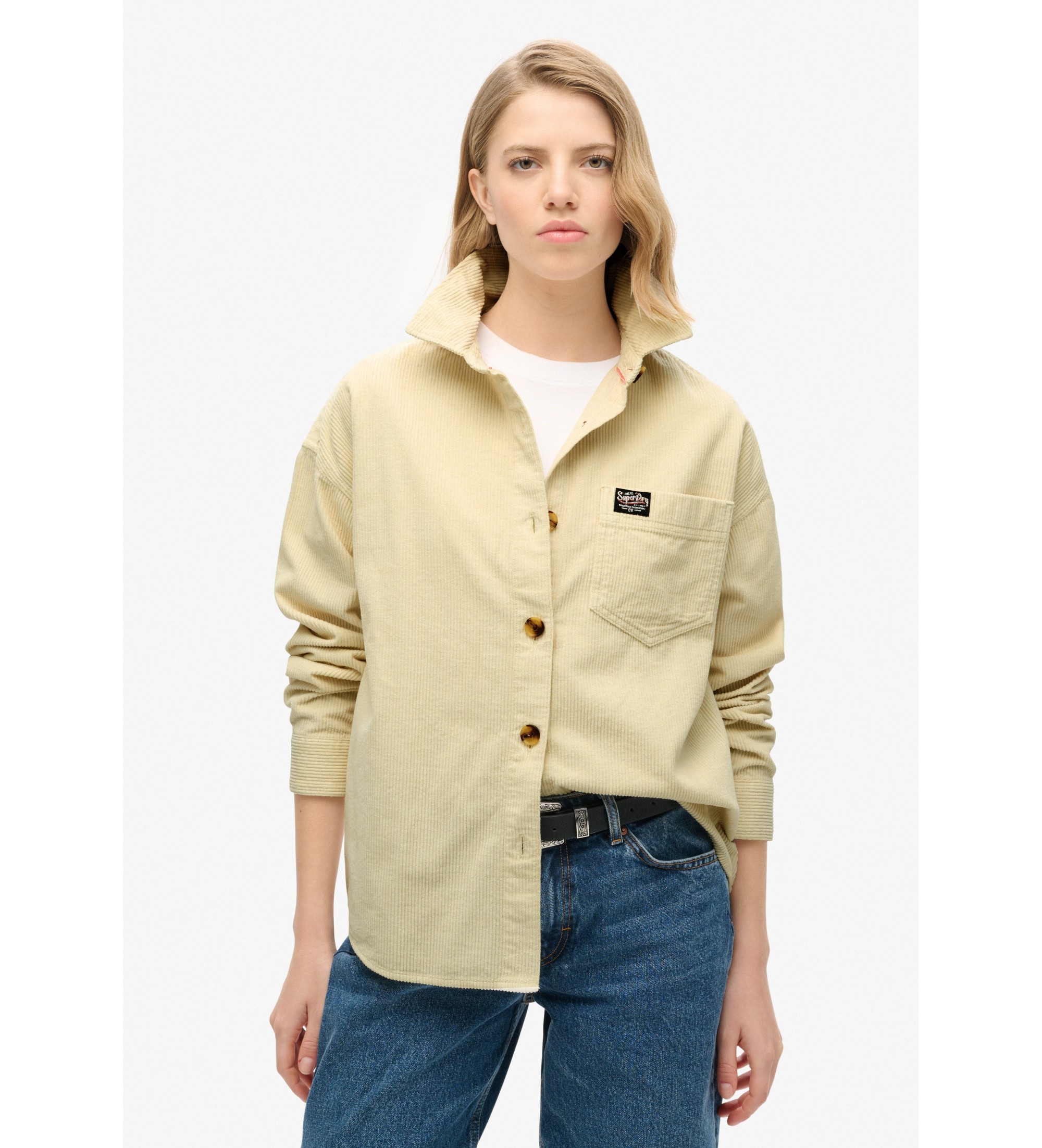 Superdry für Damen. W4010450A Beigefarbenes Überhemd aus dickem Kordsamt (S), Lässig, Baumwolle, Langarm