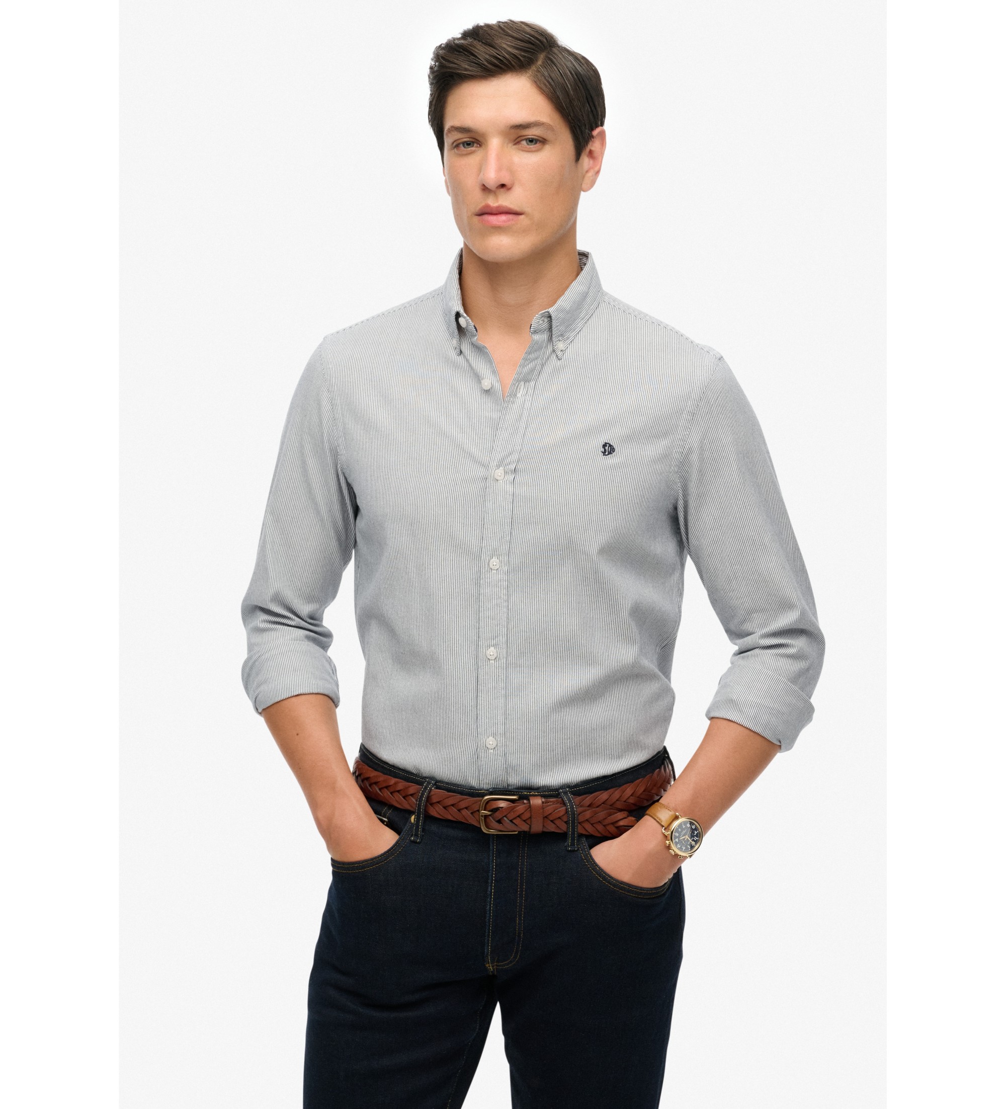 Superdry für Herren. M4011037A Classic Oxford L/S Hemd grau (S), Lässig, Baumwolle, Langarm