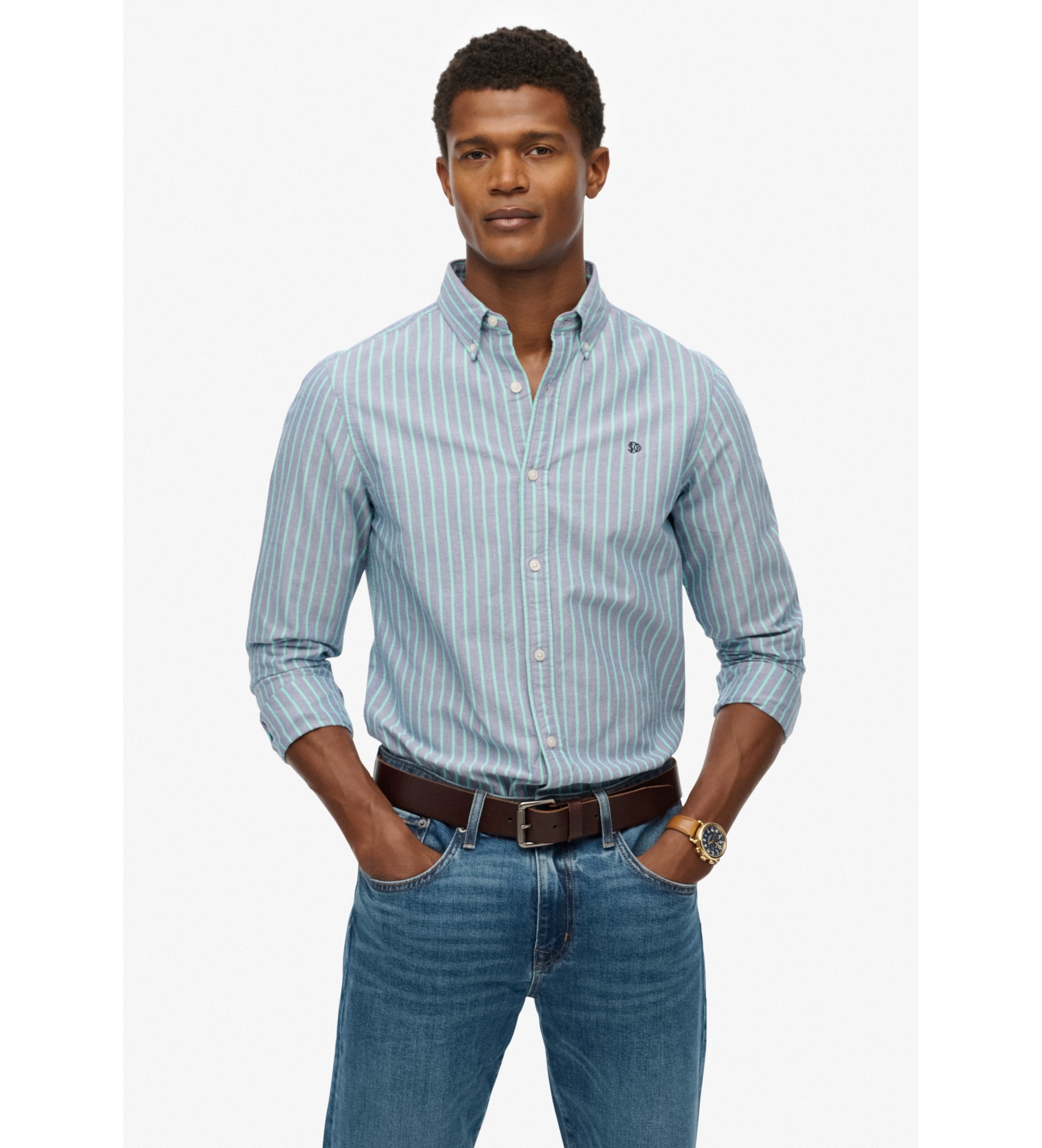 Superdry für Herren. M4011037A Klassisches Oxford-Hemd grün (L), Lässig, Baumwolle, Langarm