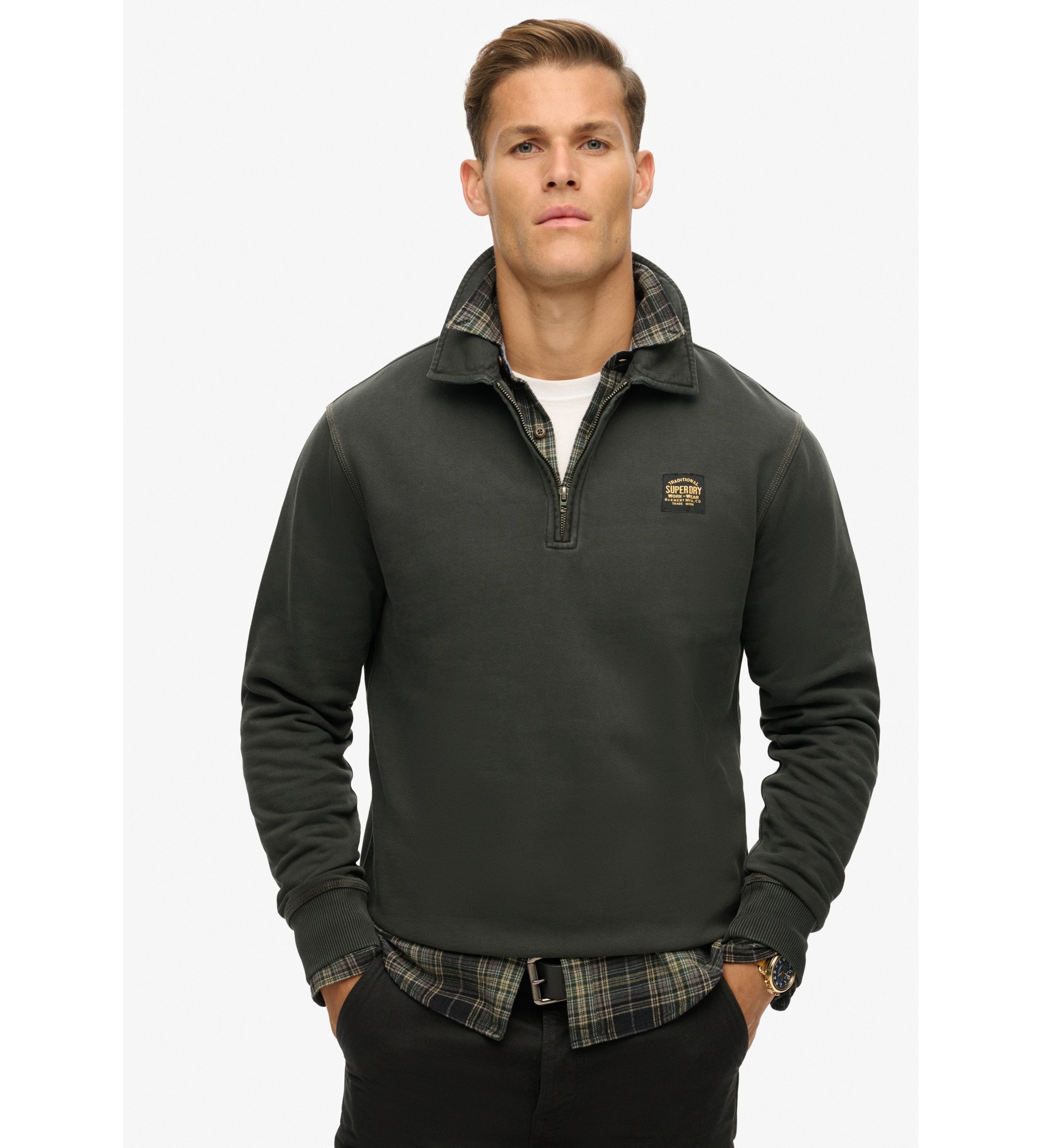 Superdry für Herren. M2013776A Sweatshirt mit halbem Reißverschluss und schwarzen Kontrastnähten (L), Lässig, Baumwolle