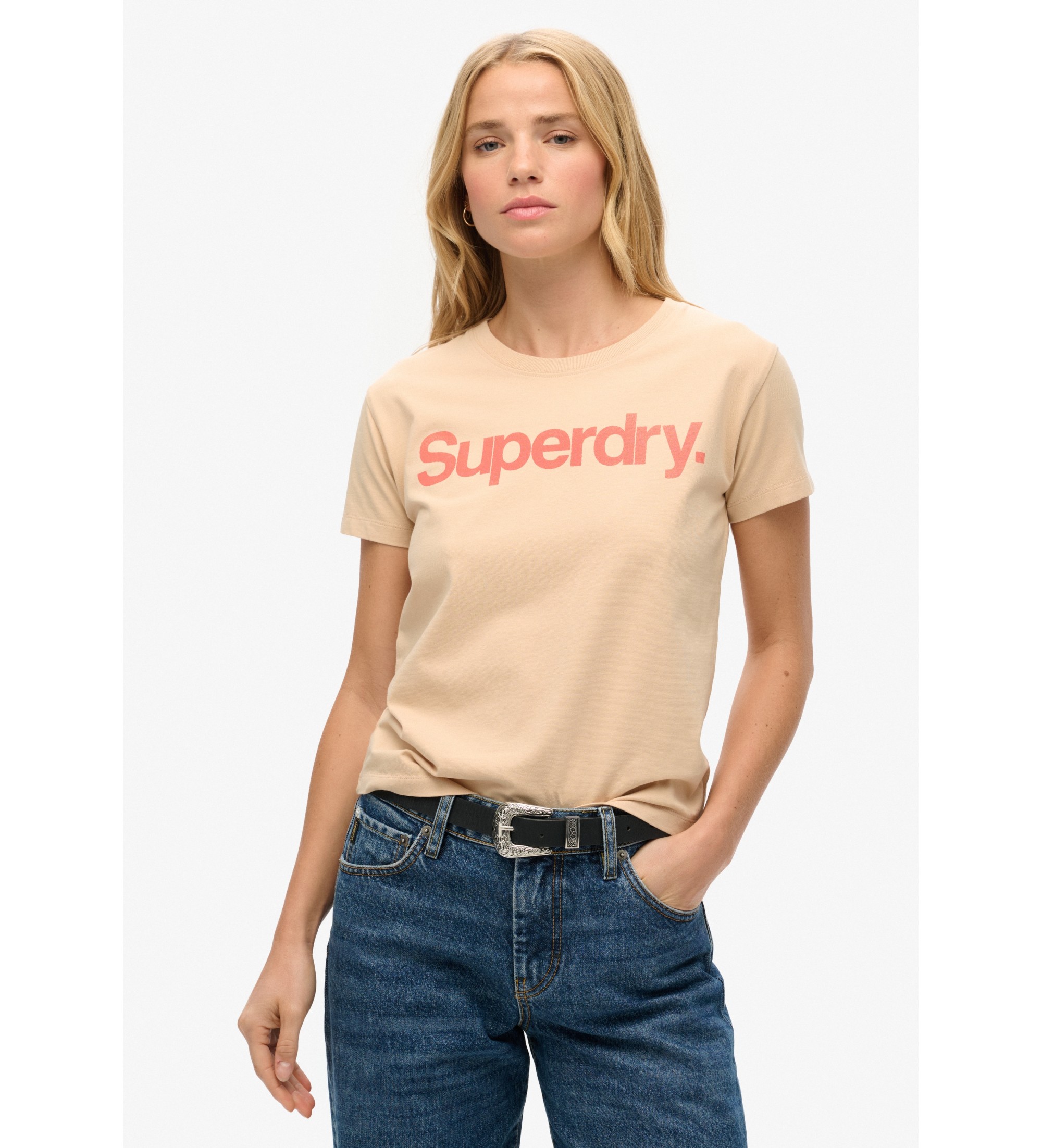 Superdry für Damen. W1011534A T-Shirt City mit beigem Core-Logo (S), Lässig, Baumwolle, Kurzarm