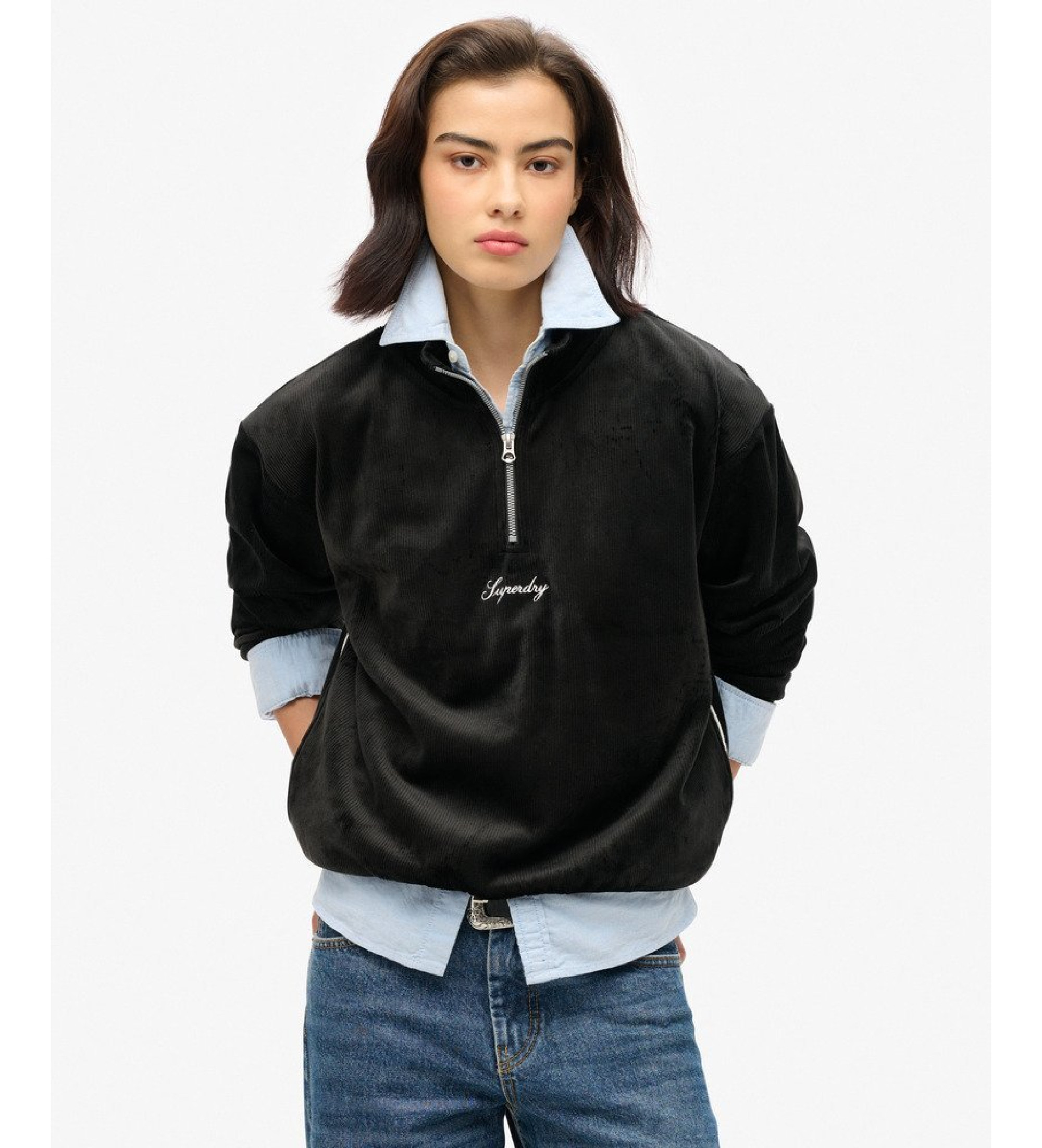 Superdry für Damen. W2012206A Country Club Velour Sweatshirt mit halbem Reißverschluss schwarz (M), Lässig, Polyester, Langarm
