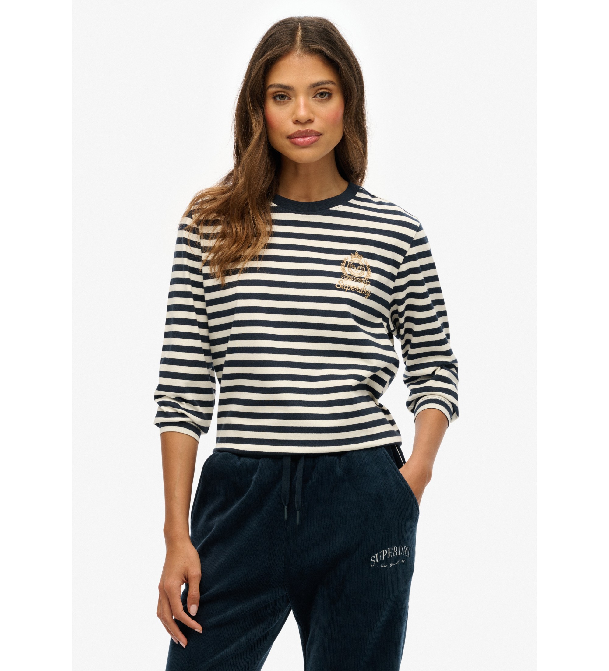 Superdry für Damen. W6012109A Country Club marinefarbenes T-Shirt (S), Lässig, Baumwolle, Langarm