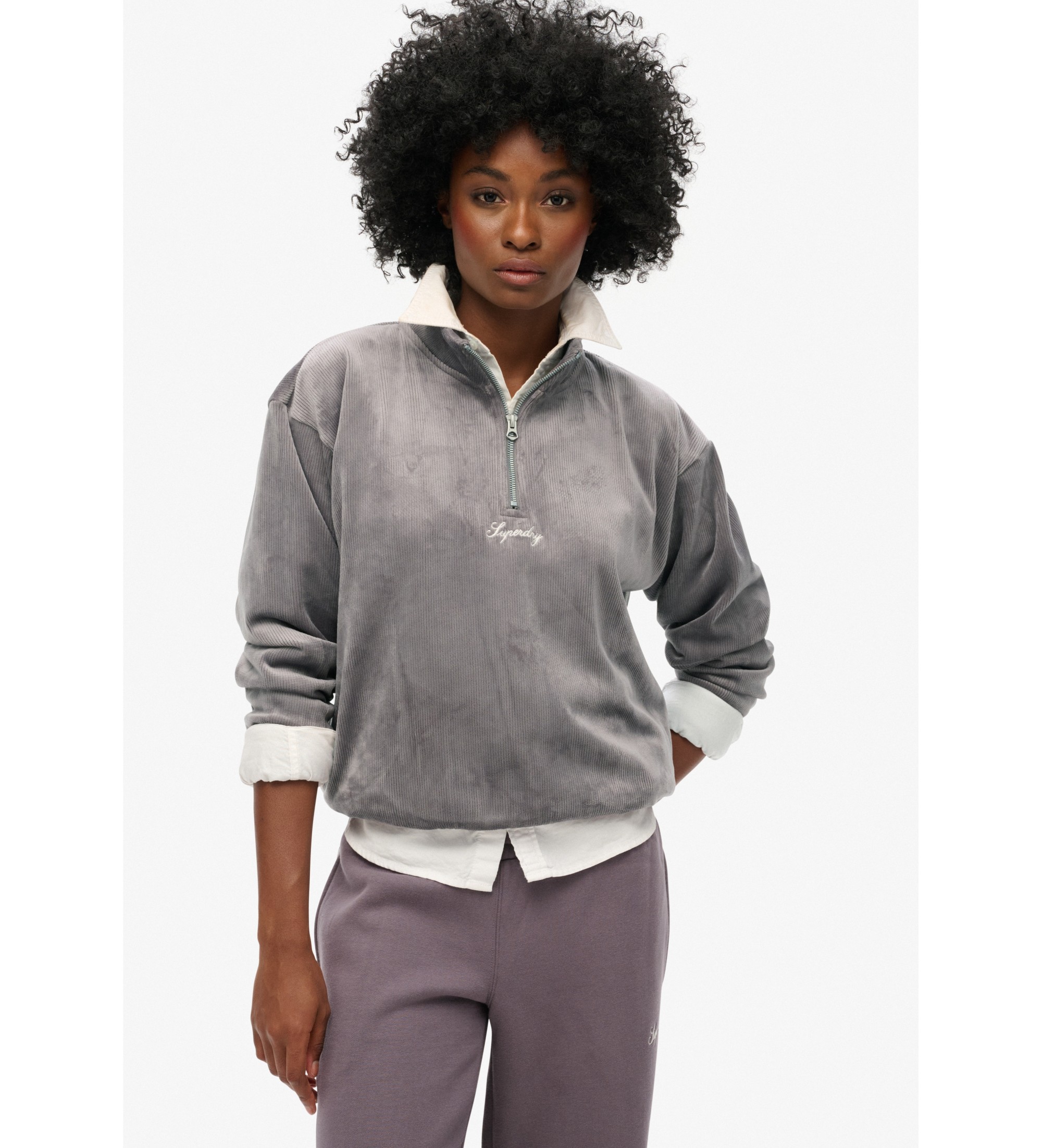 Superdry für Damen. W2012206A Country Club Sweatshirt aus grauem Samt (XL), Lässig, Polyester