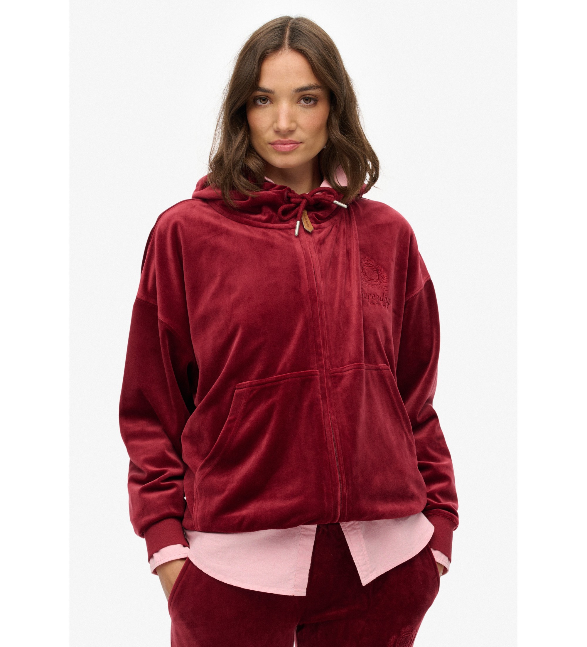 Superdry für Damen. W2012544A Country Club Velours-Ziphaube rot (L), Lässig, Polyester