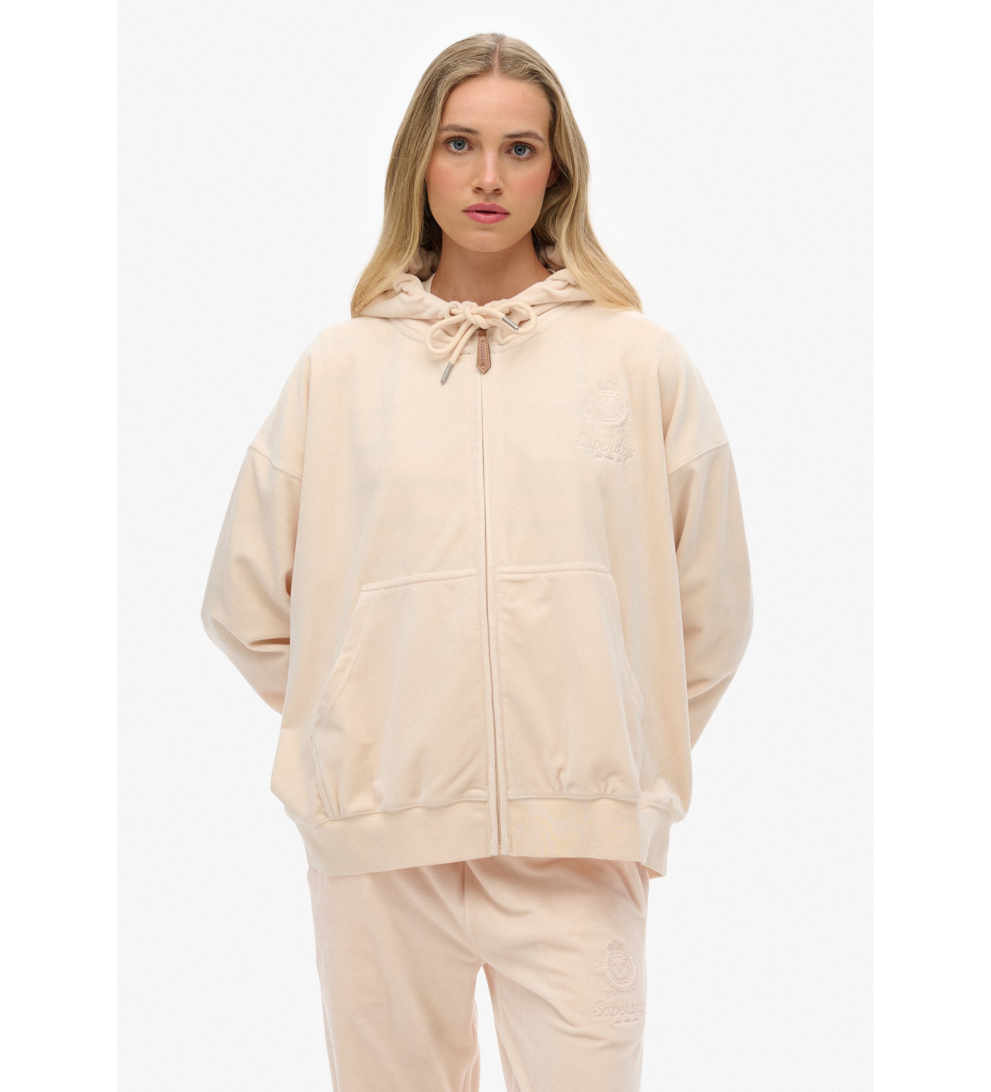 Superdry für Damen. W2012544A Country Club Sweatshirt Velours Ziphood rosa (S), Lässig, Polyester