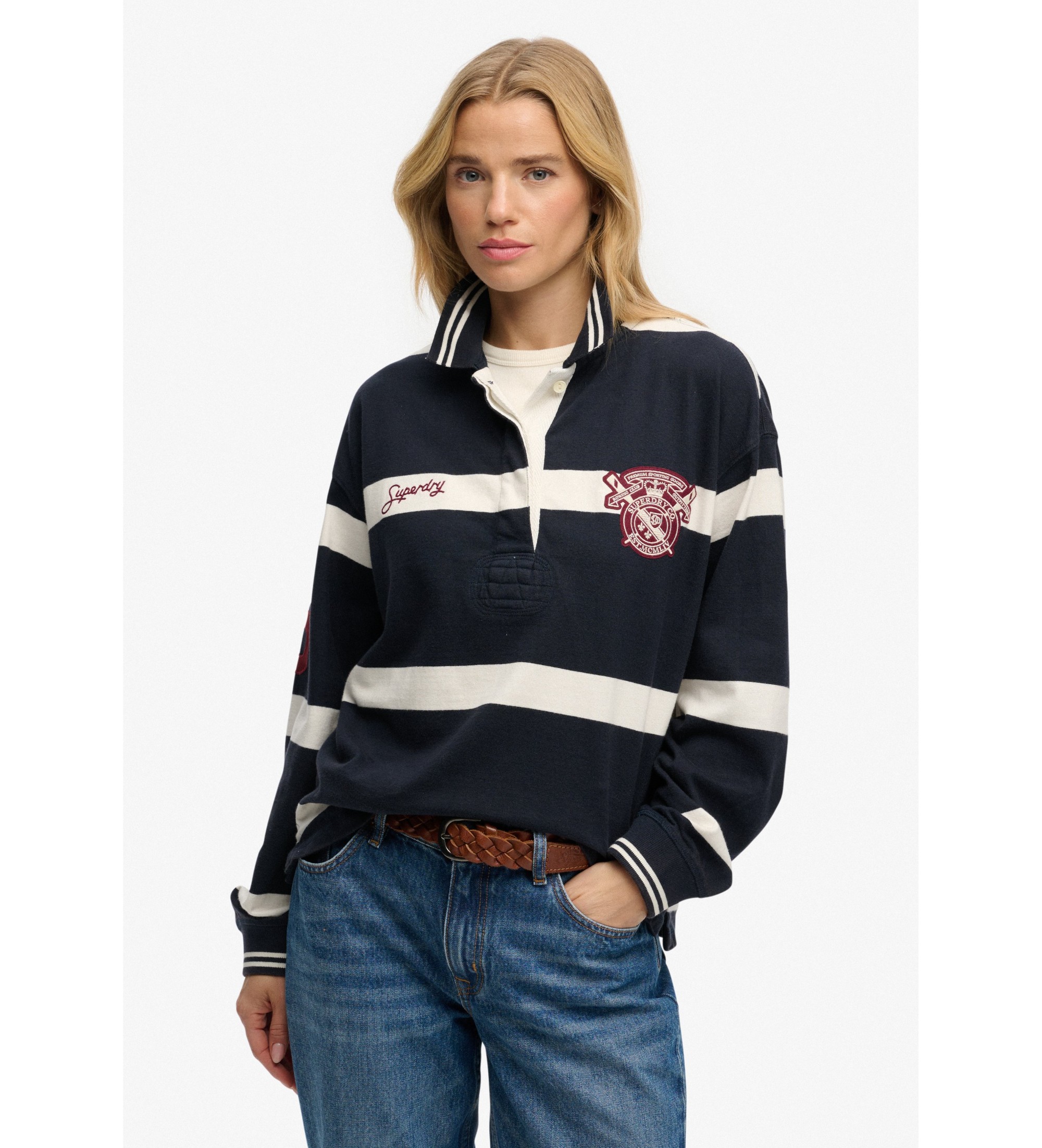 Superdry für Damen. W6012214A Polo Rugby Sweatshirt marineblau (M), Lässig, Baumwolle, Langarm
