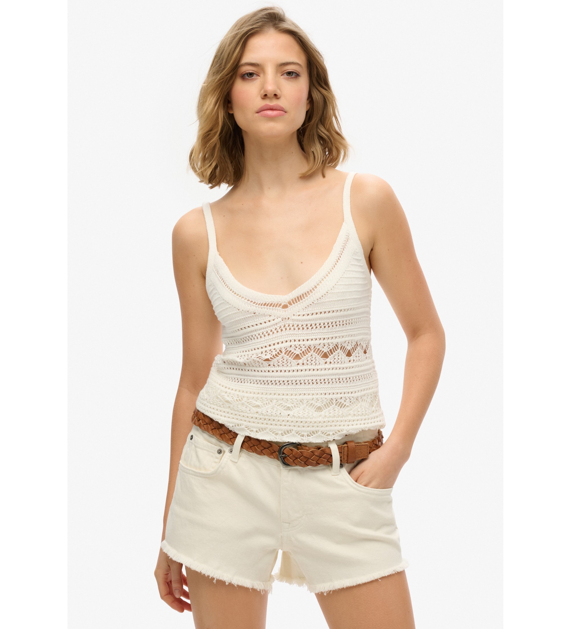 Superdry für Damen. W6012031A Weißes gehäkeltes Oberteil (XL), Lässig, Baumwolle, Ärmellos / Hosenträger