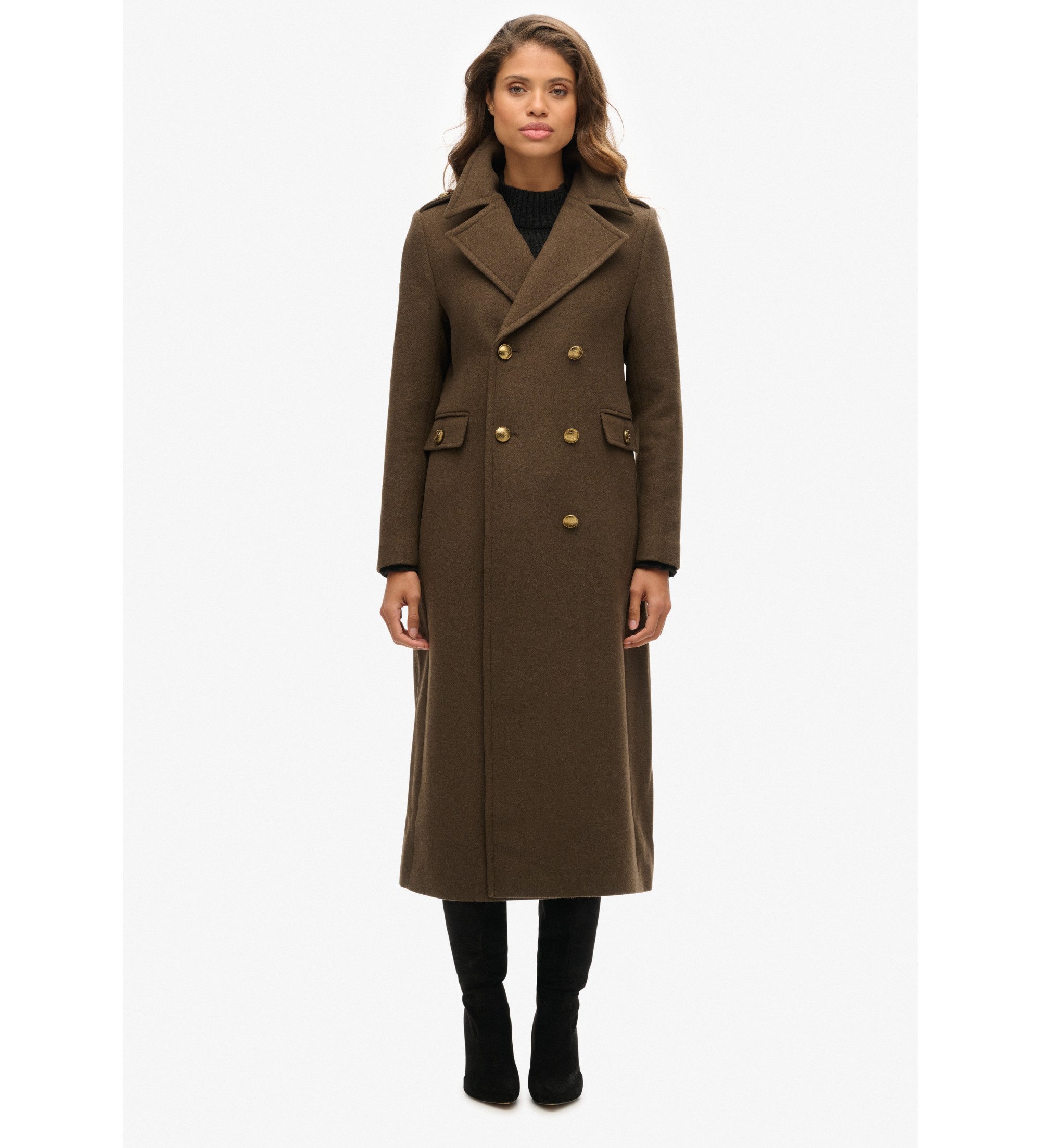 Superdry für Damen. W5011889A Brauner doppelreihiger Wollmantel (M), Lässig, Polyester