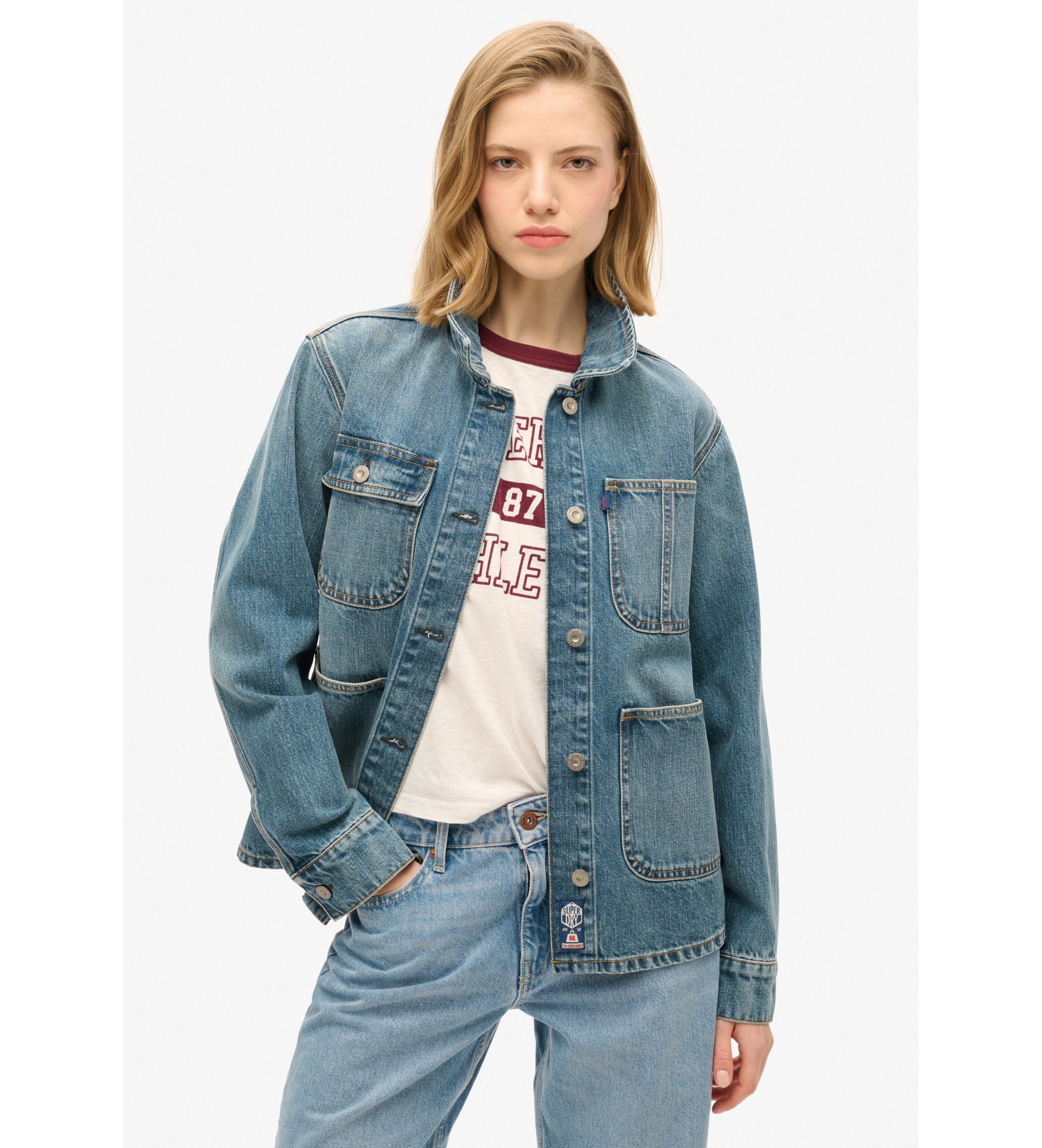 Superdry für Damen. W5011809A Jeansjacke mit Stickerei Chore blau (S), Lässig, Bio-Baumwolle, Nachhaltig