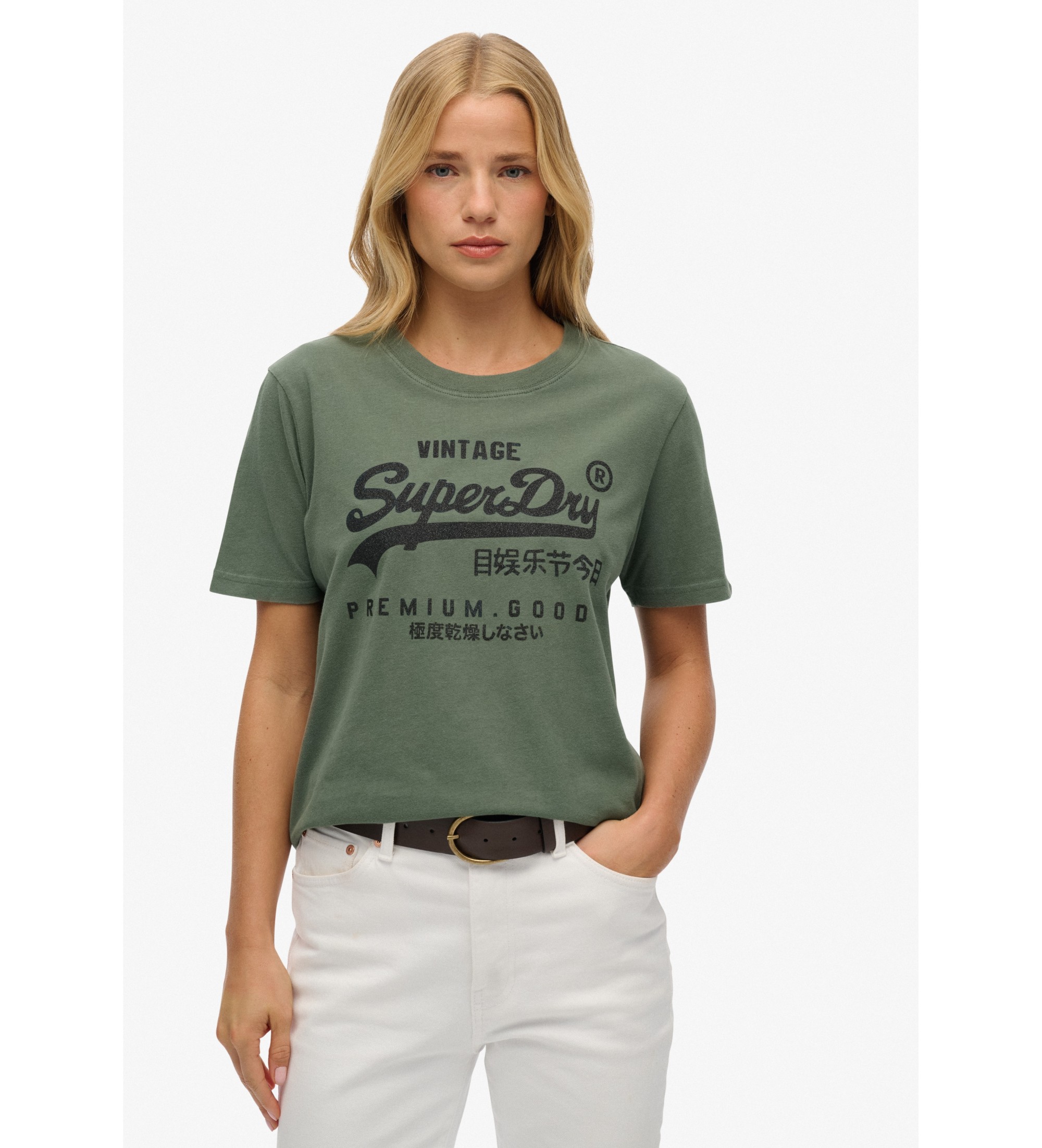 Superdry für Damen. W1011731A Verschönertes VL Entspanntes T-Shirt grün (XS), Lässig, Baumwolle, Kurzarm