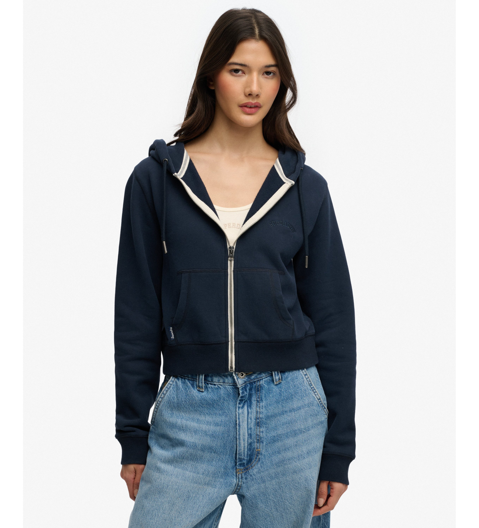 Superdry für Damen. W2012286A Essential Logo Cropped Ziphood navy (S), Lässig, Baumwolle, Marine