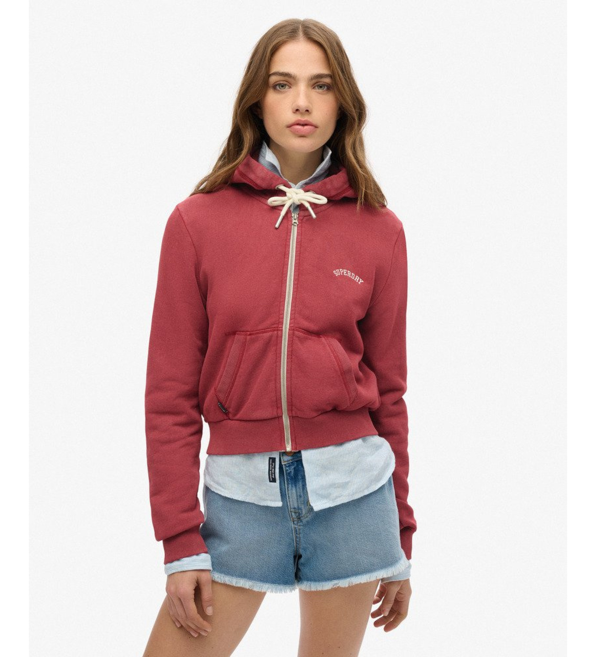 Superdry für Damen. W2012286A Sweatshirt Essential Logo Cropped Ziphood burgunderrot (L), Lässig, Baumwolle, Bordeaux