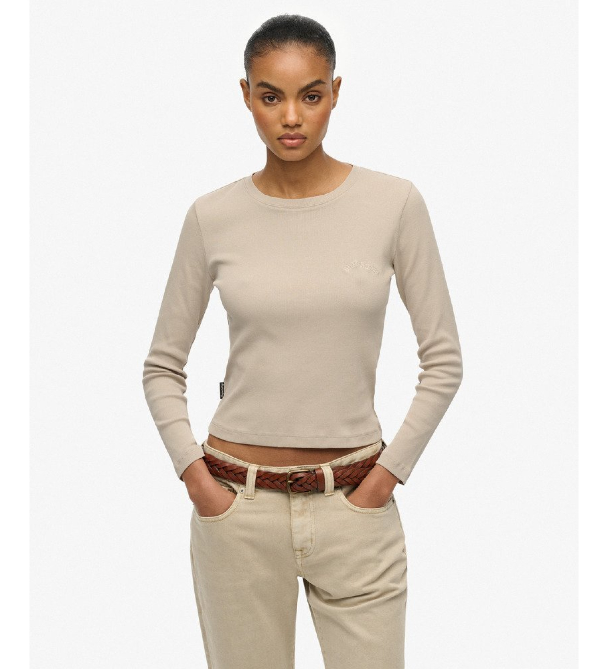 Superdry für Damen. W6012108A Essential Logo-T-Shirt beige (XS), Lässig, Baumwolle, Langarm