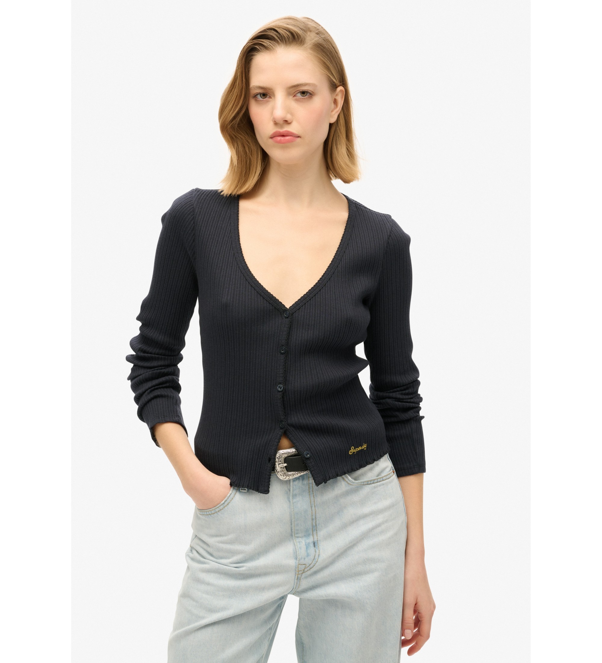 Superdry für Damen. W6011953A Essential Strickjacke navy (L/XL), Lässig, Baumwolle, Marine