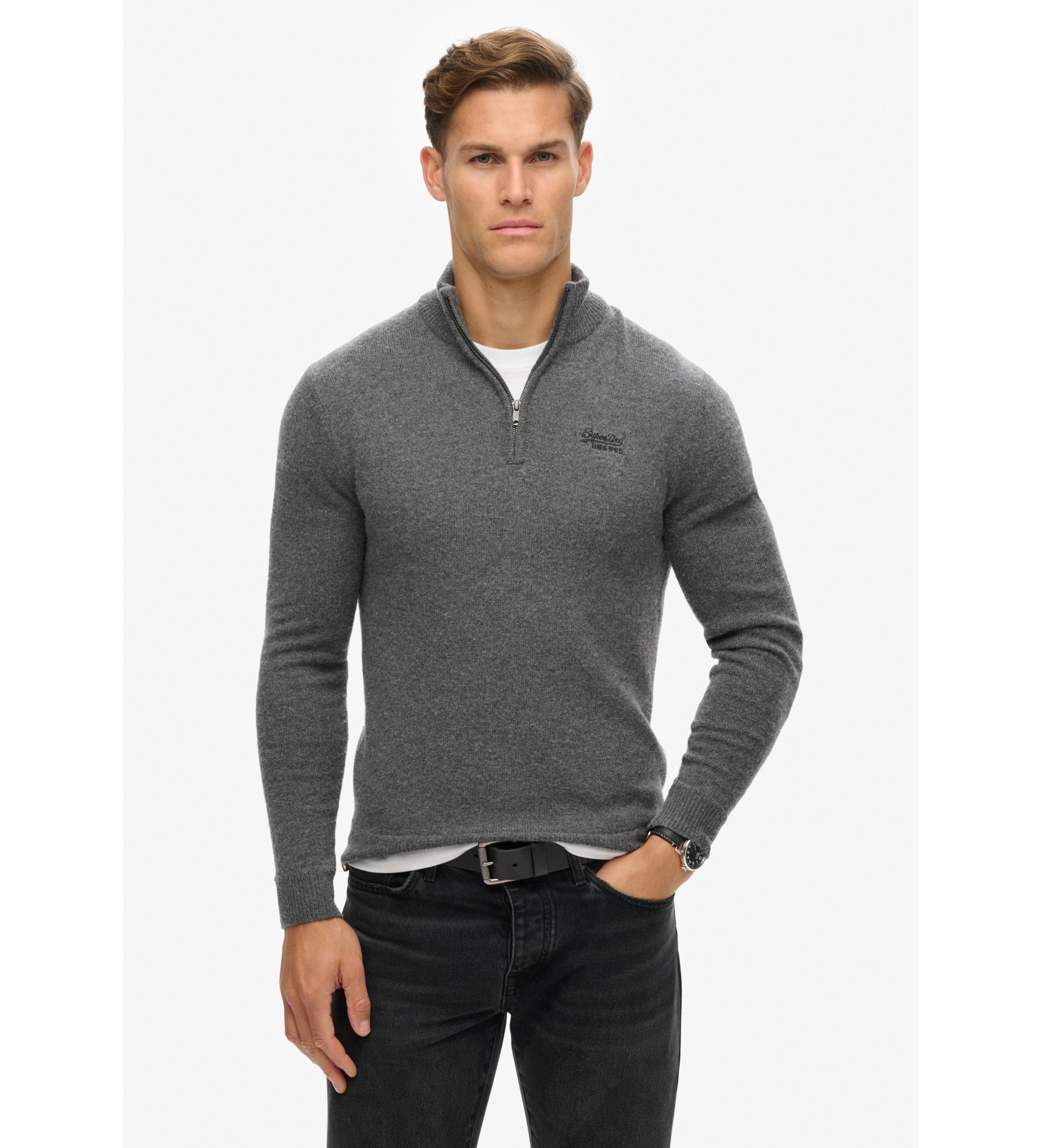 Superdry für Herren. M6110640A Strickpullover mit halbem Reißverschluss und Stickerei Essential grey (S), Lässig, Grau, Wolle