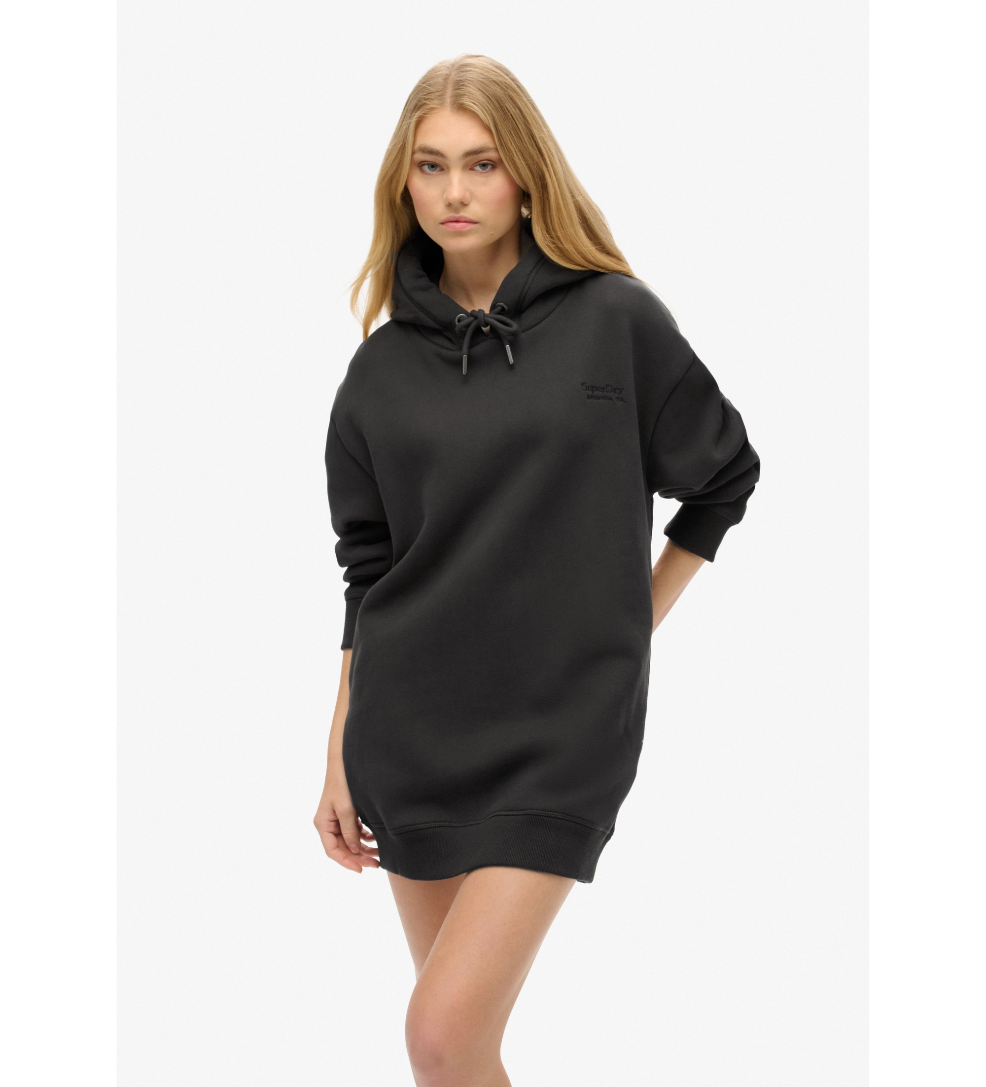 Superdryvoor vrouwen. W8011632A Essentiële sweatshirt jurk zwart (S/M), Casual, Katoen, Lange mouwen