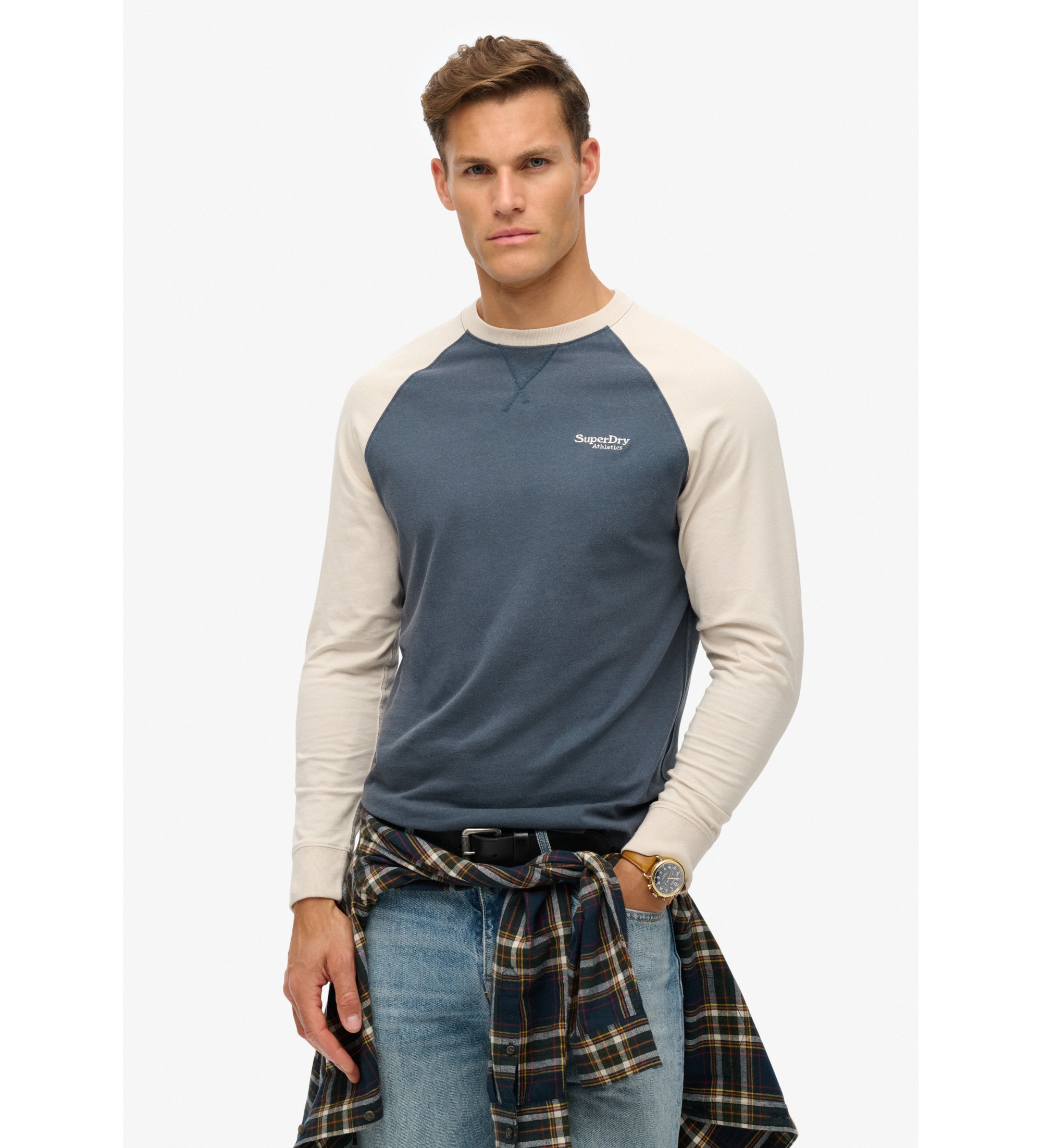 Superdryvoor mannen. M6010833A Baseball T-shirt blauw (L), Casual, Katoen, Lange mouwen