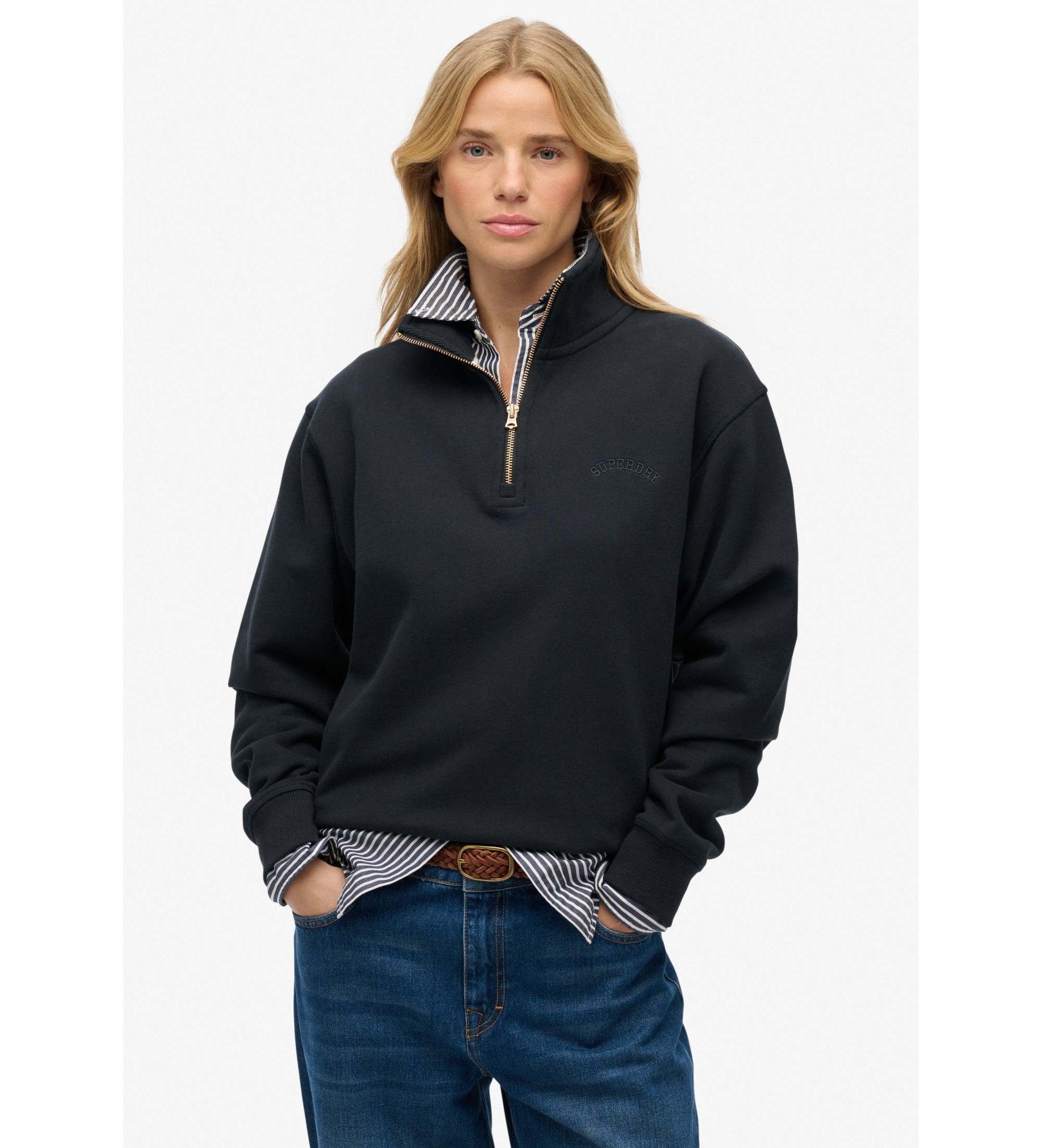 Superdry für Damen. W2012666A Sweatshirt Essential Logo Emb Half Zip marineblau (L), Lässig, Baumwolle, Langarm