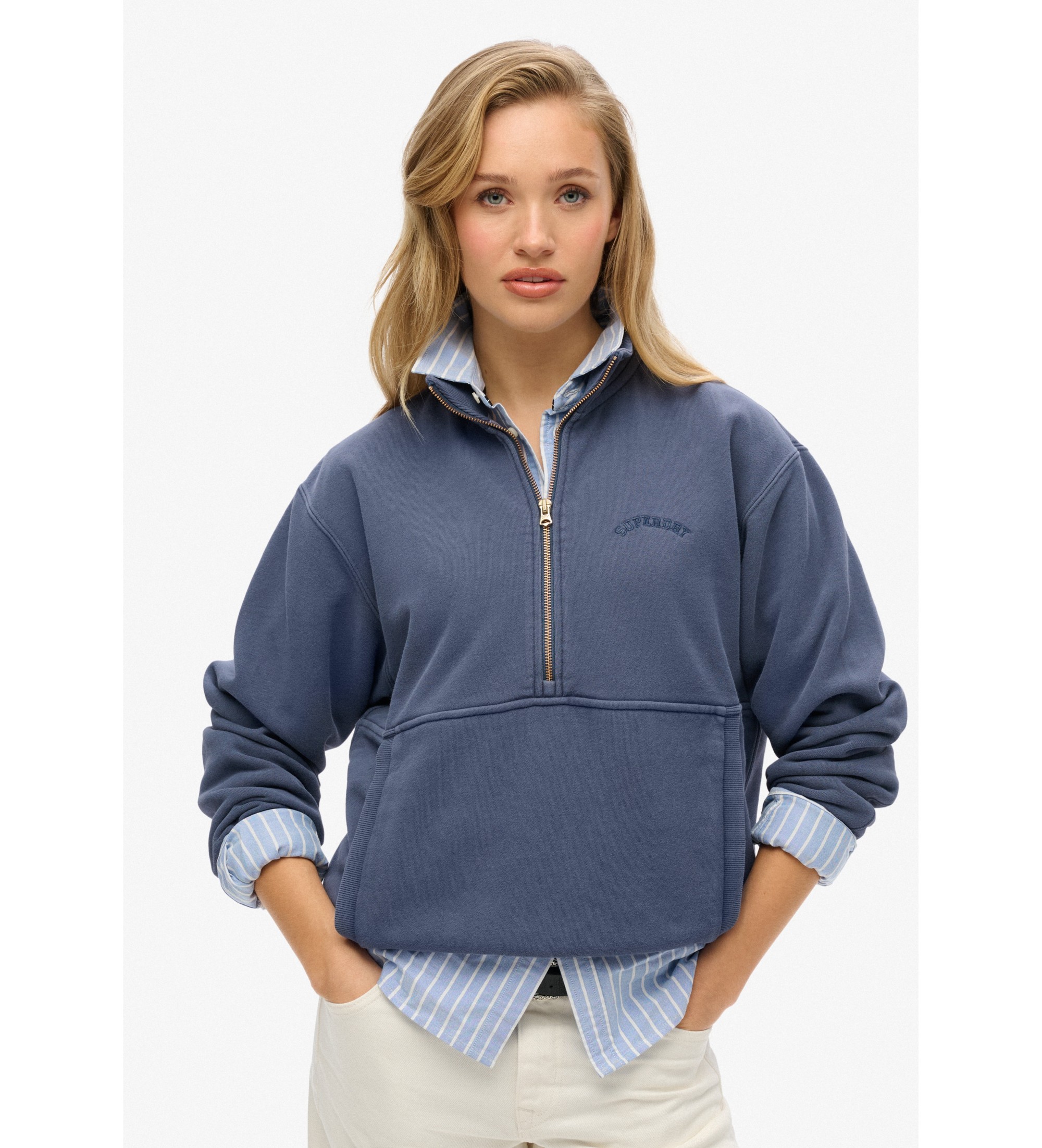Superdry für Damen. W2012312A Sweatshirt mit halbem Reißverschluss und Essential-Logo blau (XL), Lässig, Baumwolle