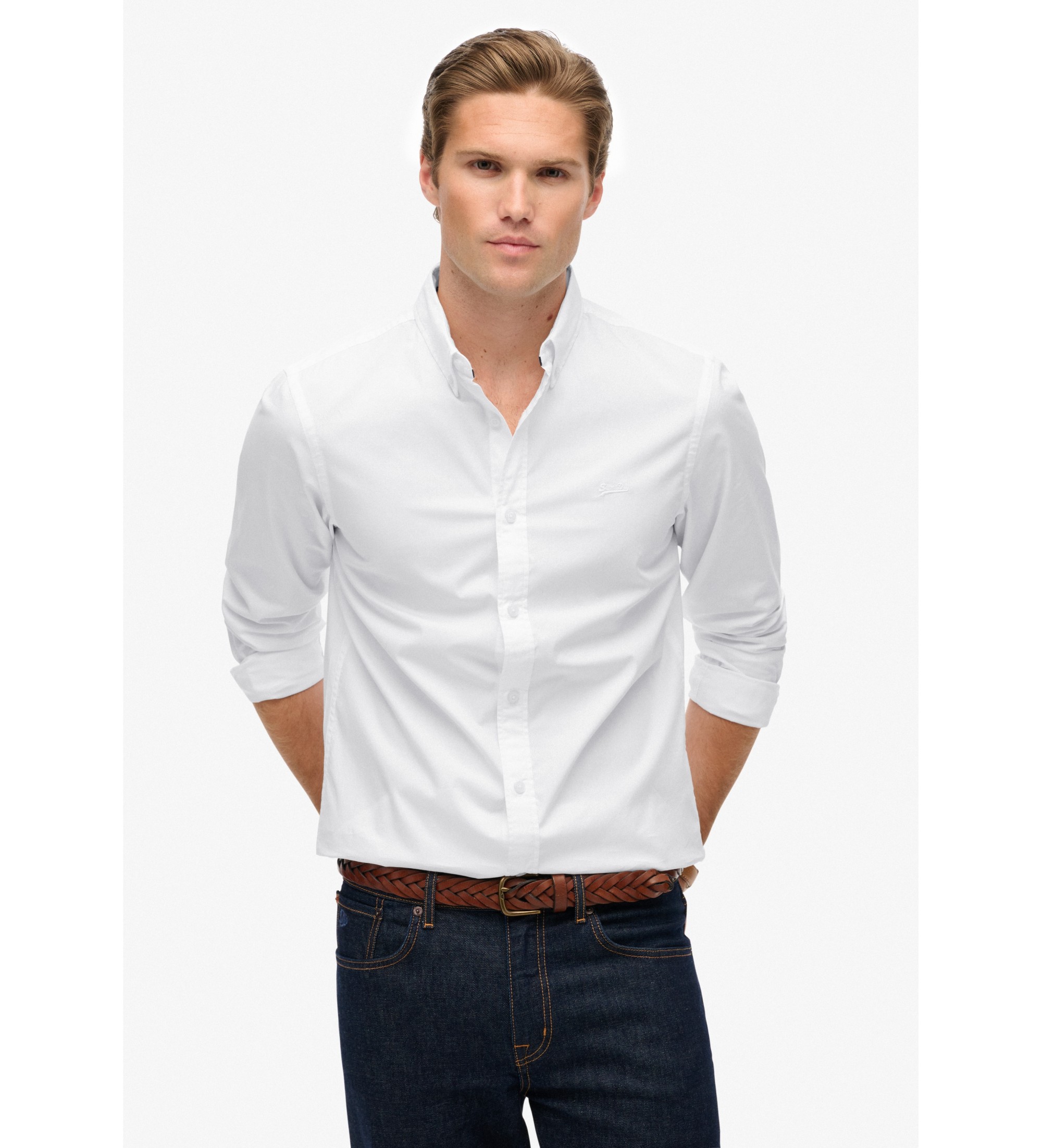Superdry für Herren. M4011064A Essentials Tailored Lite Hemd weiß (XXL), Baumwolle, Klassisch, Langarm